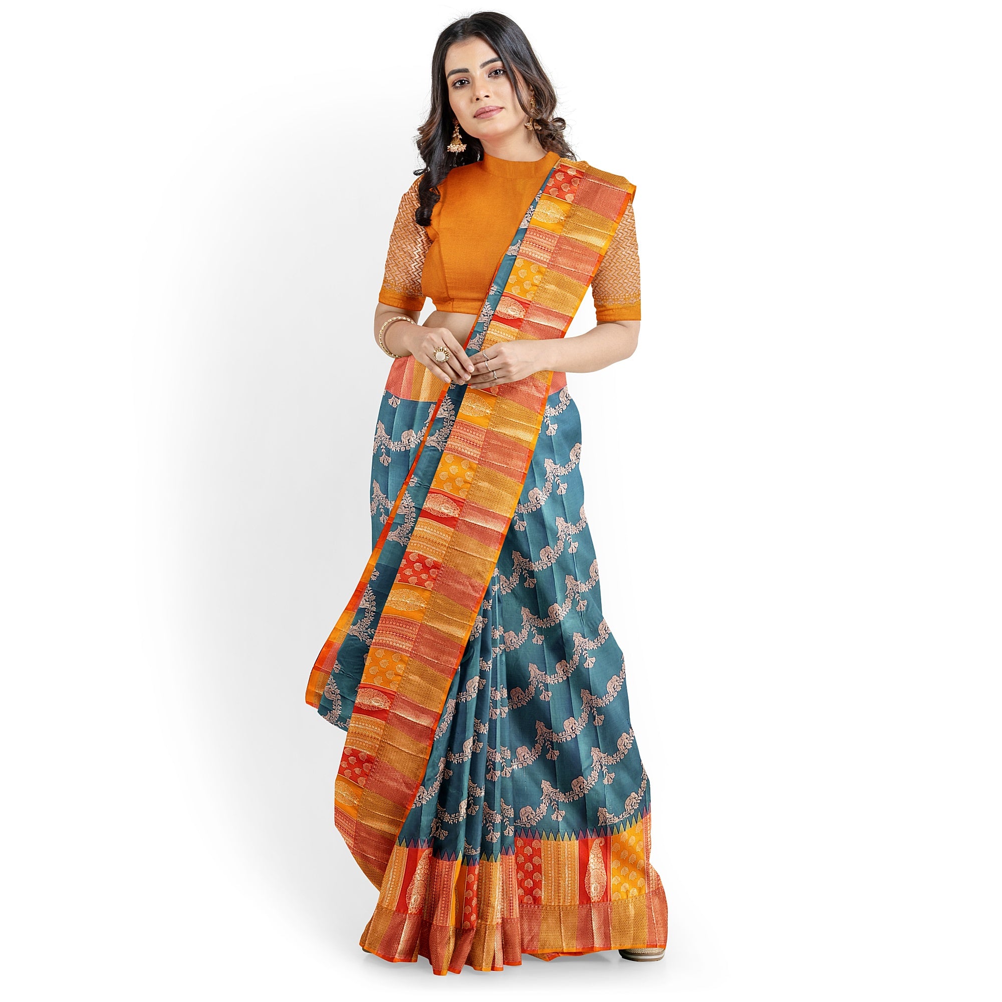 Double-Shade Peacock Blue Kanjivaram Silk Saree with Temple Designer Border – Traditional Bridal Silk Saree Online - New Sudarshan Silks`