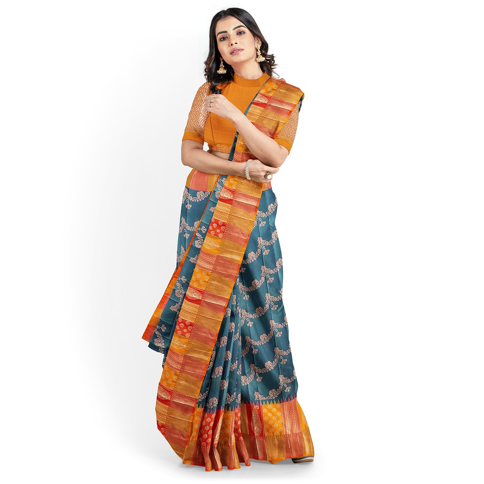 Double-Shade Peacock Blue Kanjivaram Silk Saree with Temple Designer Border – Traditional Bridal Silk Saree Online - New Sudarshan Silks`