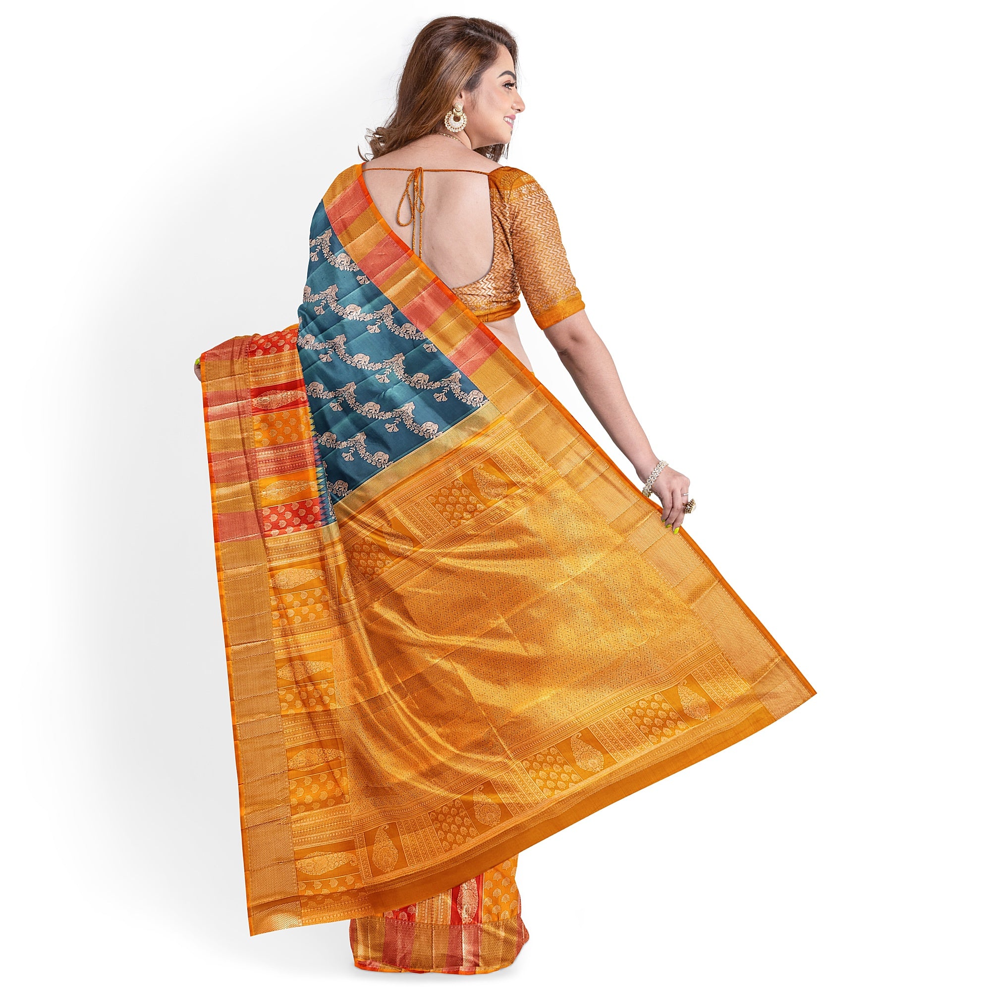 Double-Shade Peacock Blue Kanjivaram Silk Saree with Temple Designer Border – Traditional Bridal Silk Saree Online - New Sudarshan Silks`