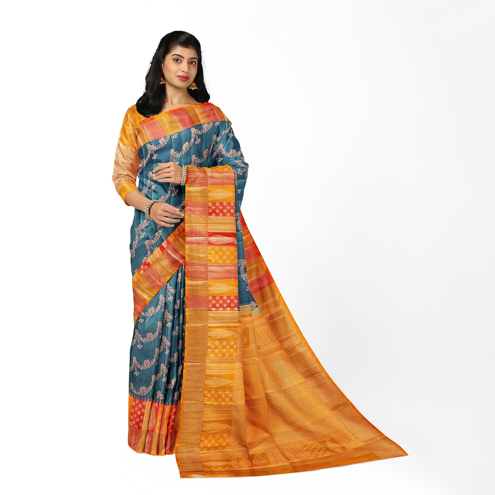 Double-Shade Peacock Blue Kanjivaram Silk Saree with Temple Designer Border – Traditional Bridal Silk Saree Online - New Sudarshan Silks`