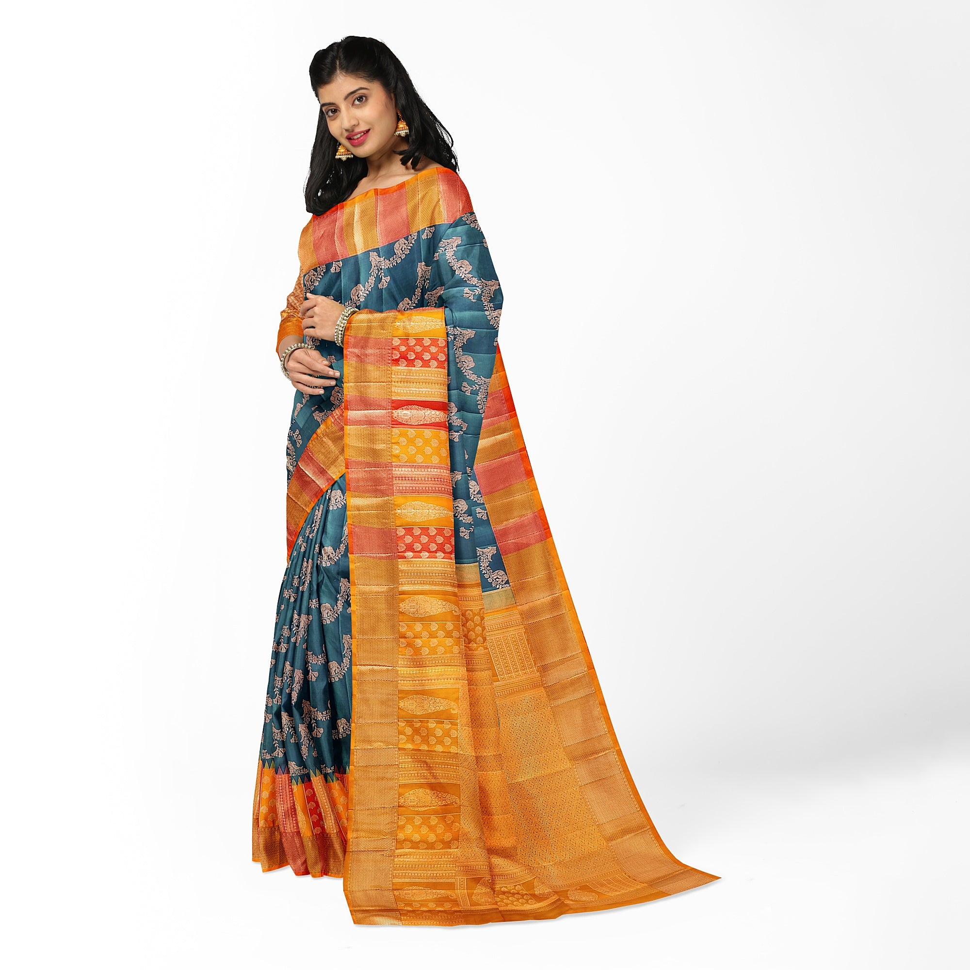 Double-Shade Peacock Blue Kanjivaram Silk Saree with Temple Designer Border – Traditional Bridal Silk Saree Online - New Sudarshan Silks`