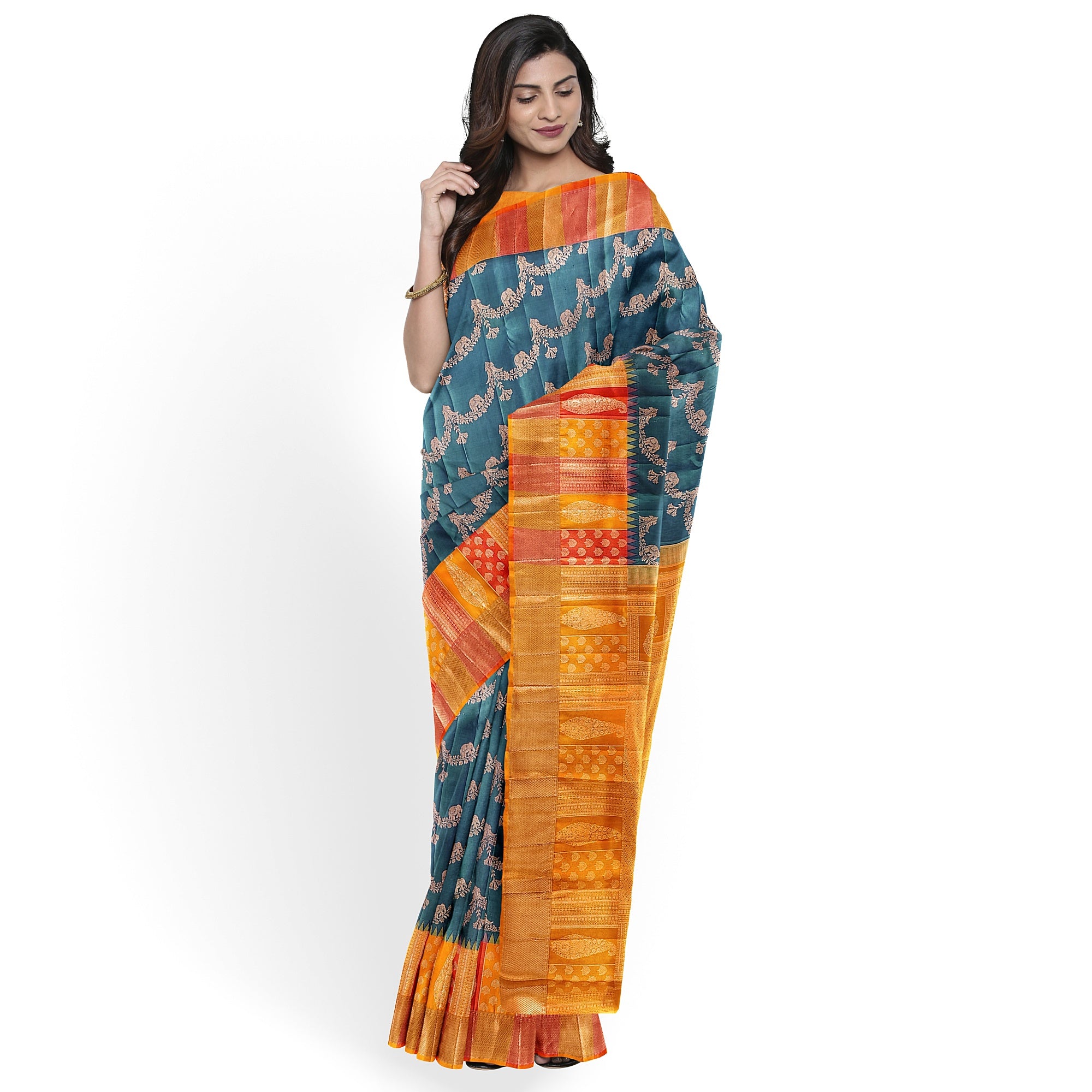 Double-Shade Peacock Blue Kanjivaram Silk Saree with Temple Designer Border – Traditional Bridal Silk Saree Online - New Sudarshan Silks`