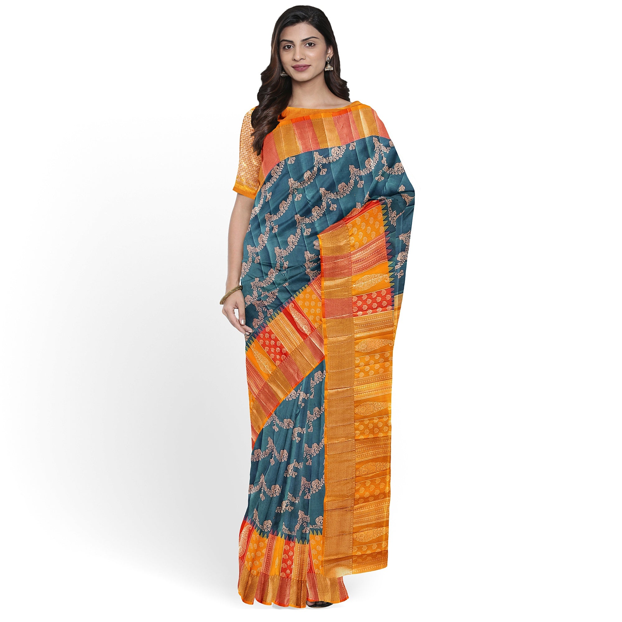 Double-Shade Peacock Blue Kanjivaram Silk Saree with Temple Designer Border – Traditional Bridal Silk Saree Online - New Sudarshan Silks`