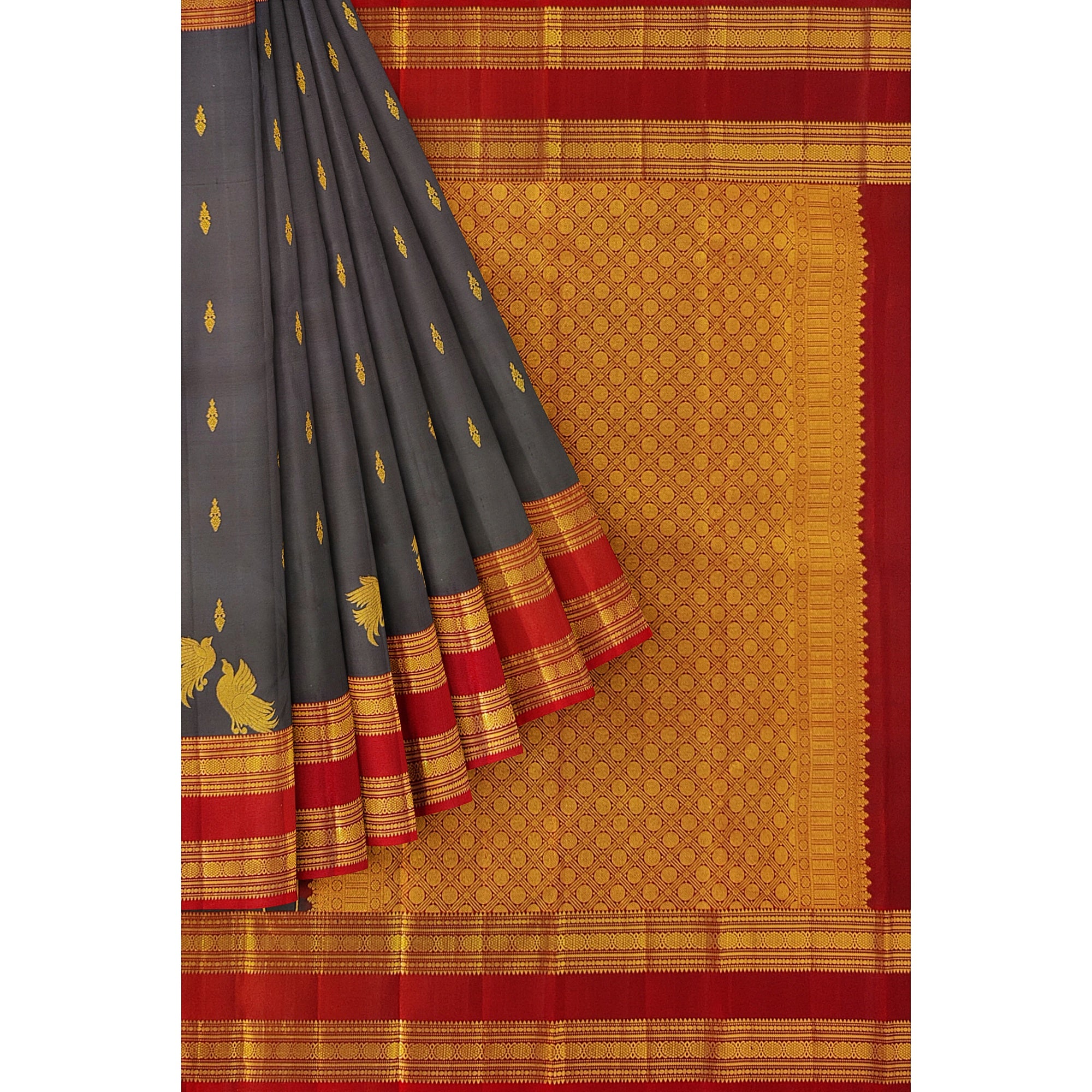 Chocolate Brown Kanjivaram Silk Saree with Maroon Bentex Zari Border – Pure Handloom Bridal Saree Online - New Sudarshan Silks`
