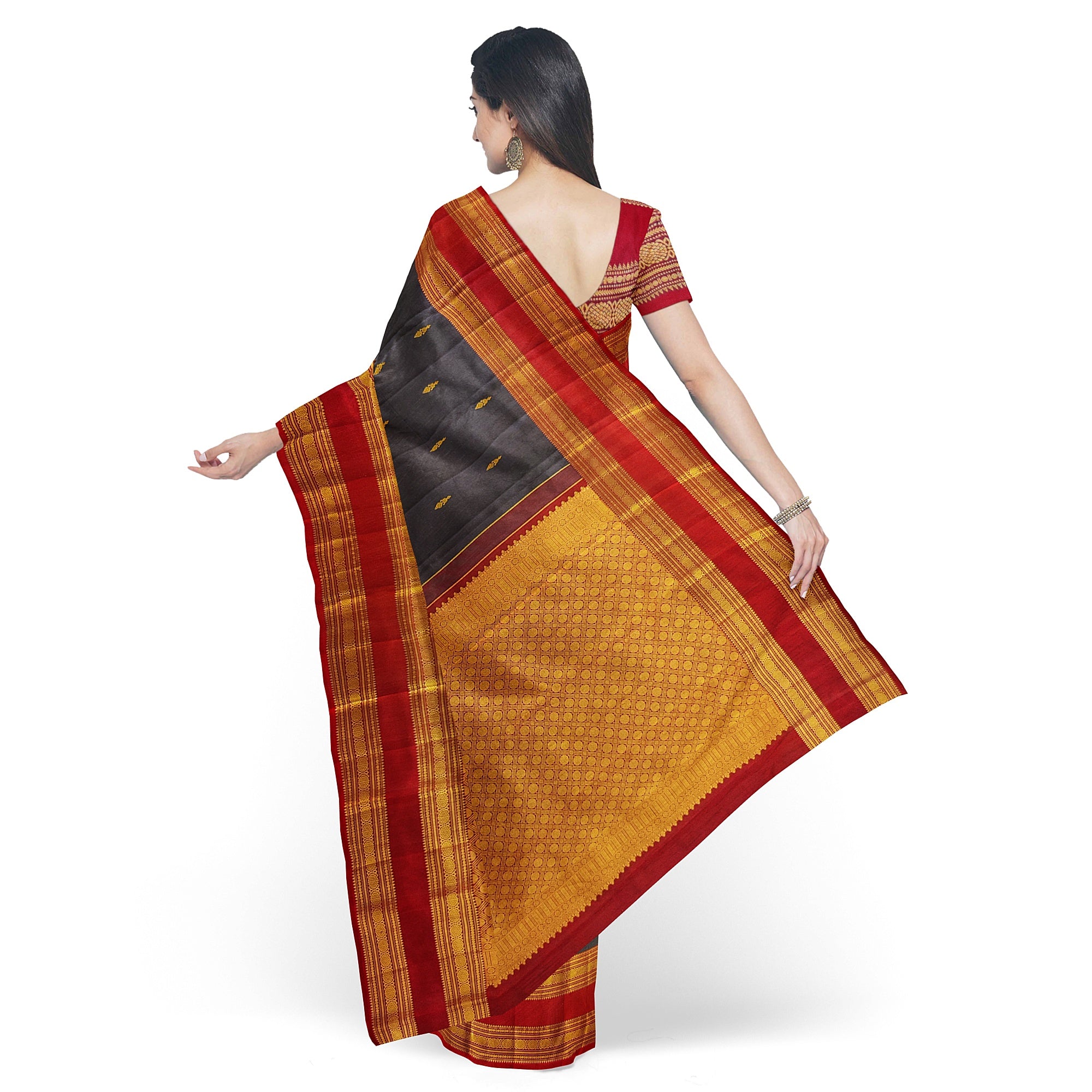 Chocolate Brown Kanjivaram Silk Saree with Maroon Bentex Zari Border – Pure Handloom Bridal Saree Online - New Sudarshan Silks`