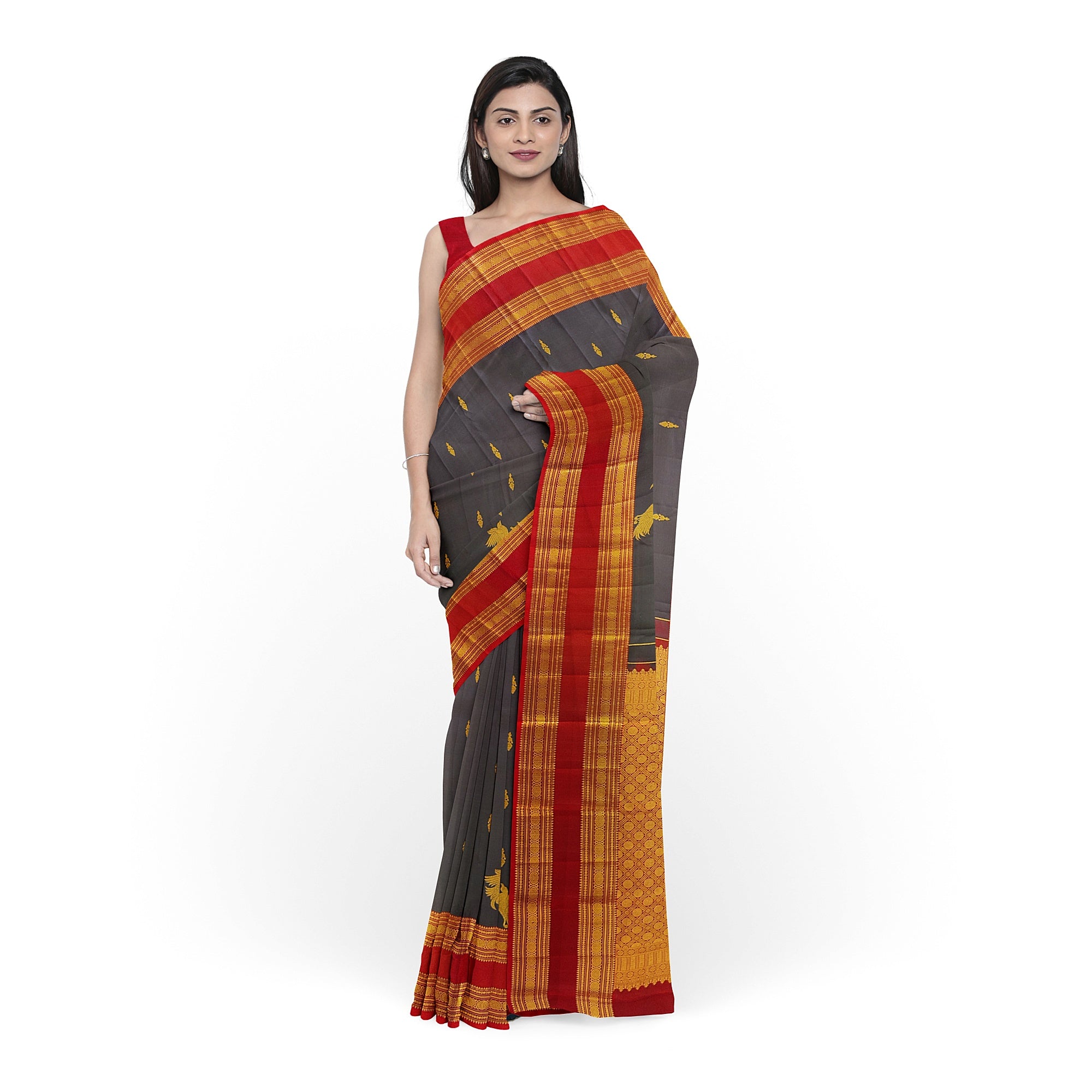 Chocolate Brown Kanjivaram Silk Saree with Maroon Bentex Zari Border – Pure Handloom Bridal Saree Online - New Sudarshan Silks`
