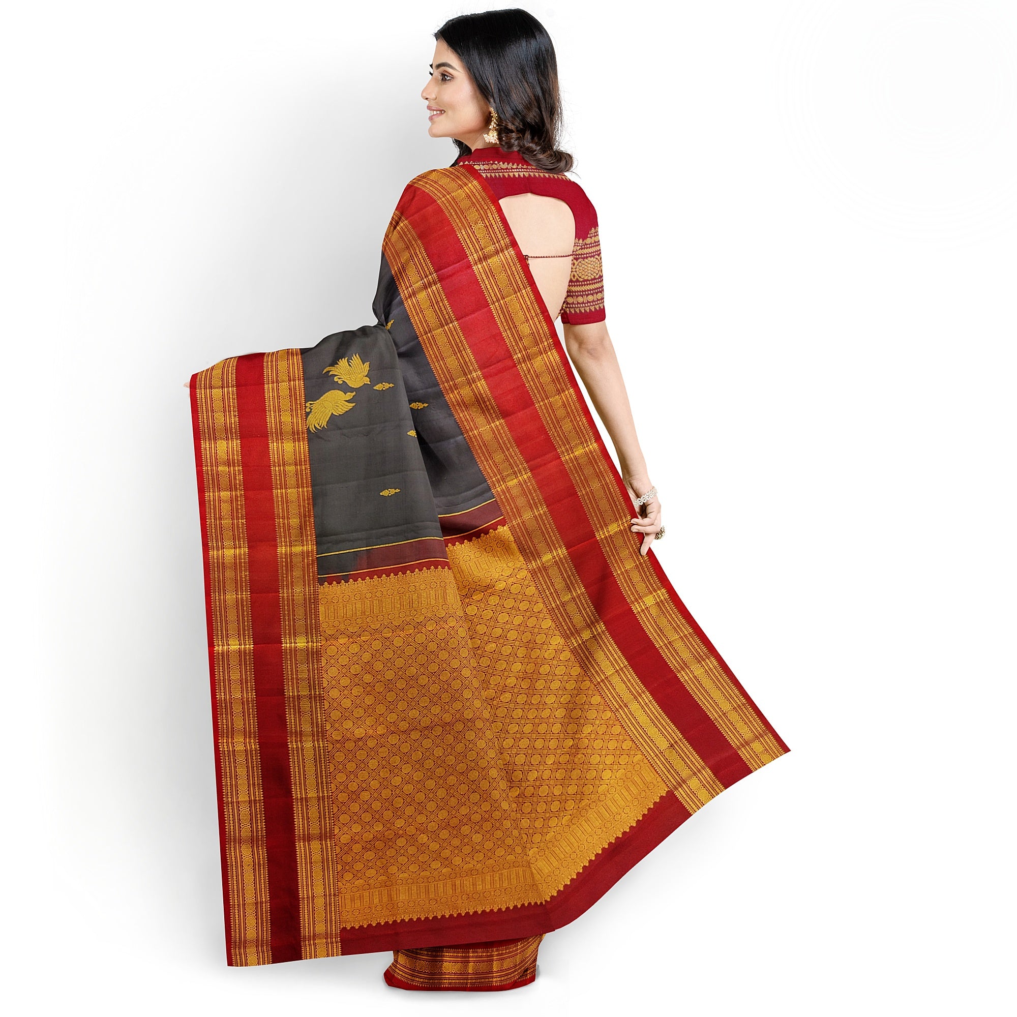 Chocolate Brown Kanjivaram Silk Saree with Maroon Bentex Zari Border – Pure Handloom Bridal Saree Online - New Sudarshan Silks`