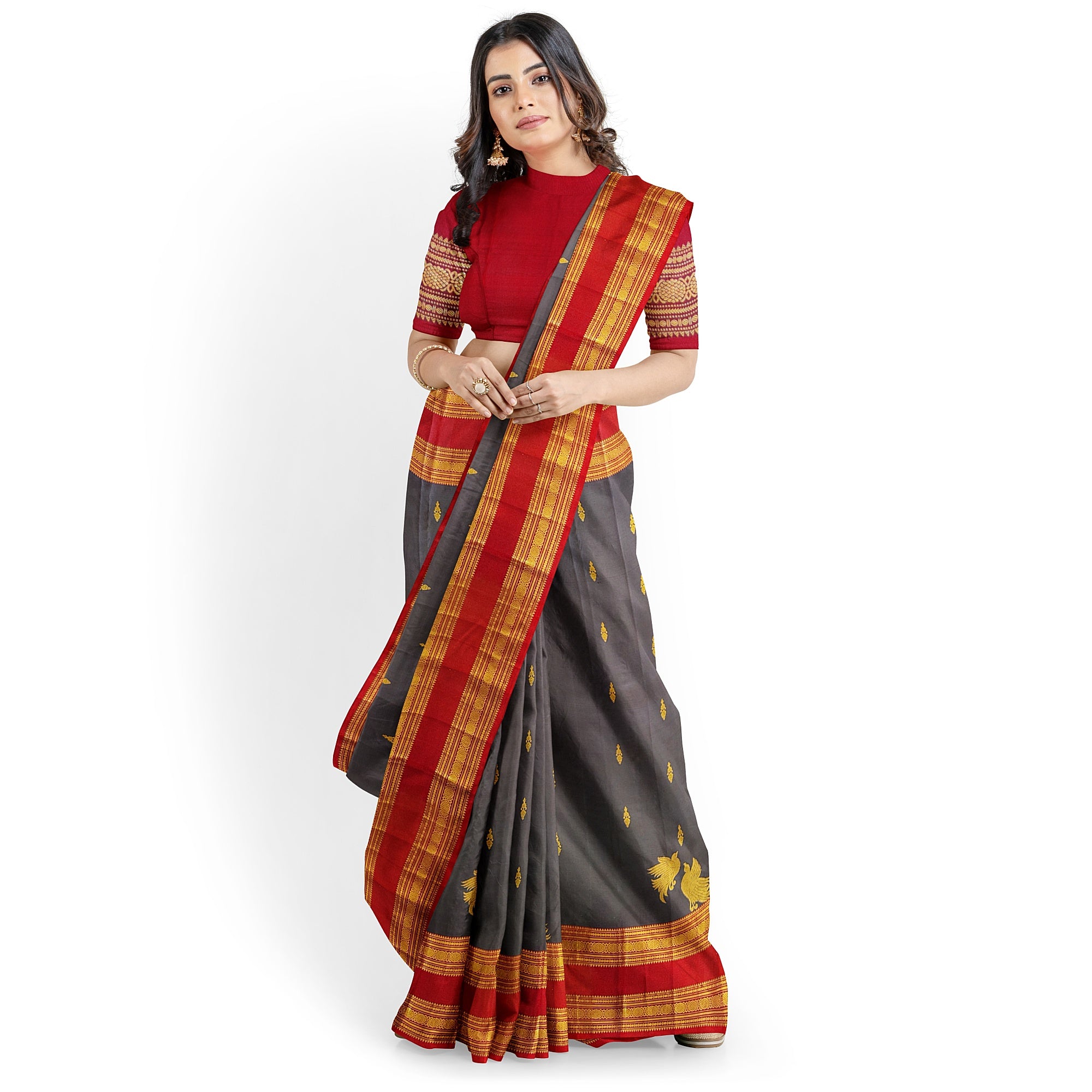 Chocolate Brown Kanjivaram Silk Saree with Maroon Bentex Zari Border – Pure Handloom Bridal Saree Online - New Sudarshan Silks`
