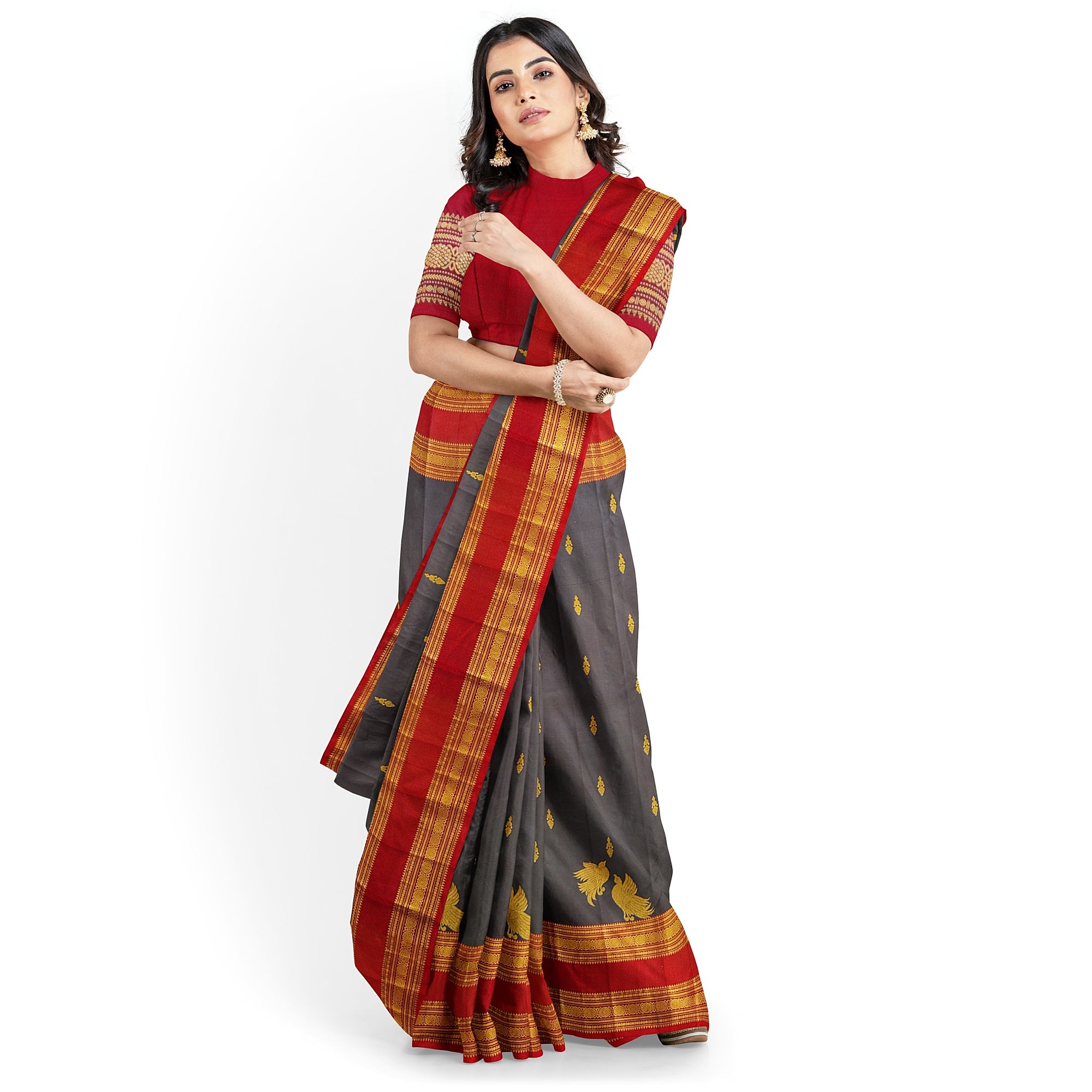 Chocolate Brown Kanjivaram Silk Saree with Maroon Bentex Zari Border – Pure Handloom Bridal Saree Online - New Sudarshan Silks`
