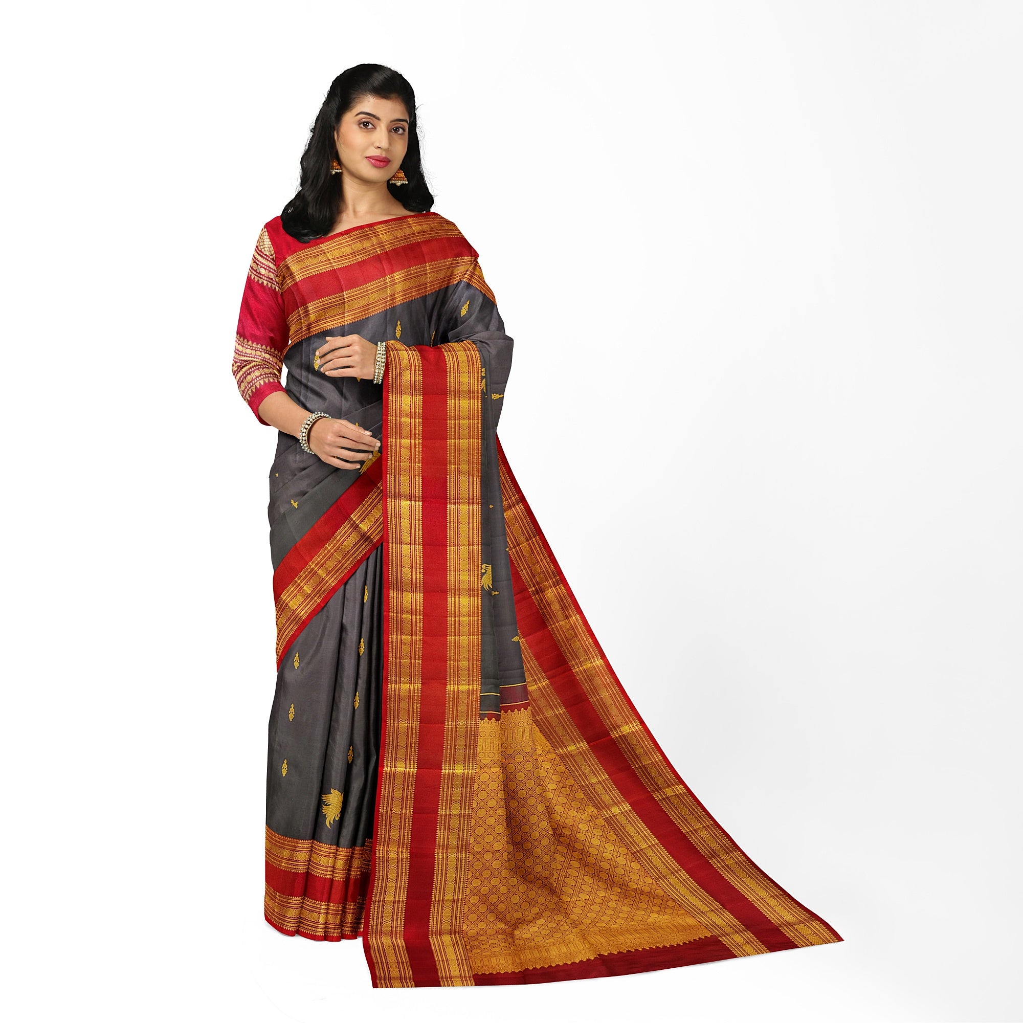 Chocolate Brown Kanjivaram Silk Saree with Maroon Bentex Zari Border – Pure Handloom Bridal Saree Online - New Sudarshan Silks`