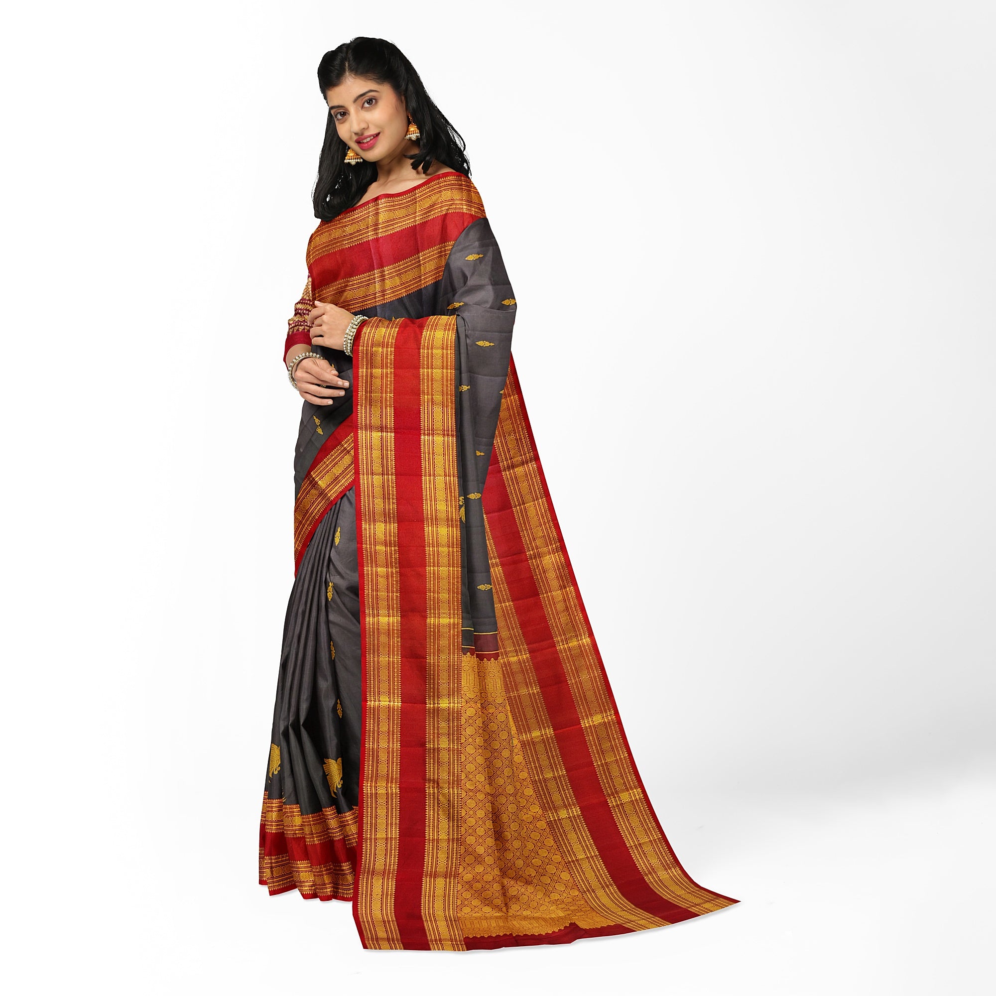 Chocolate Brown Kanjivaram Silk Saree with Maroon Bentex Zari Border – Pure Handloom Bridal Saree Online - New Sudarshan Silks`