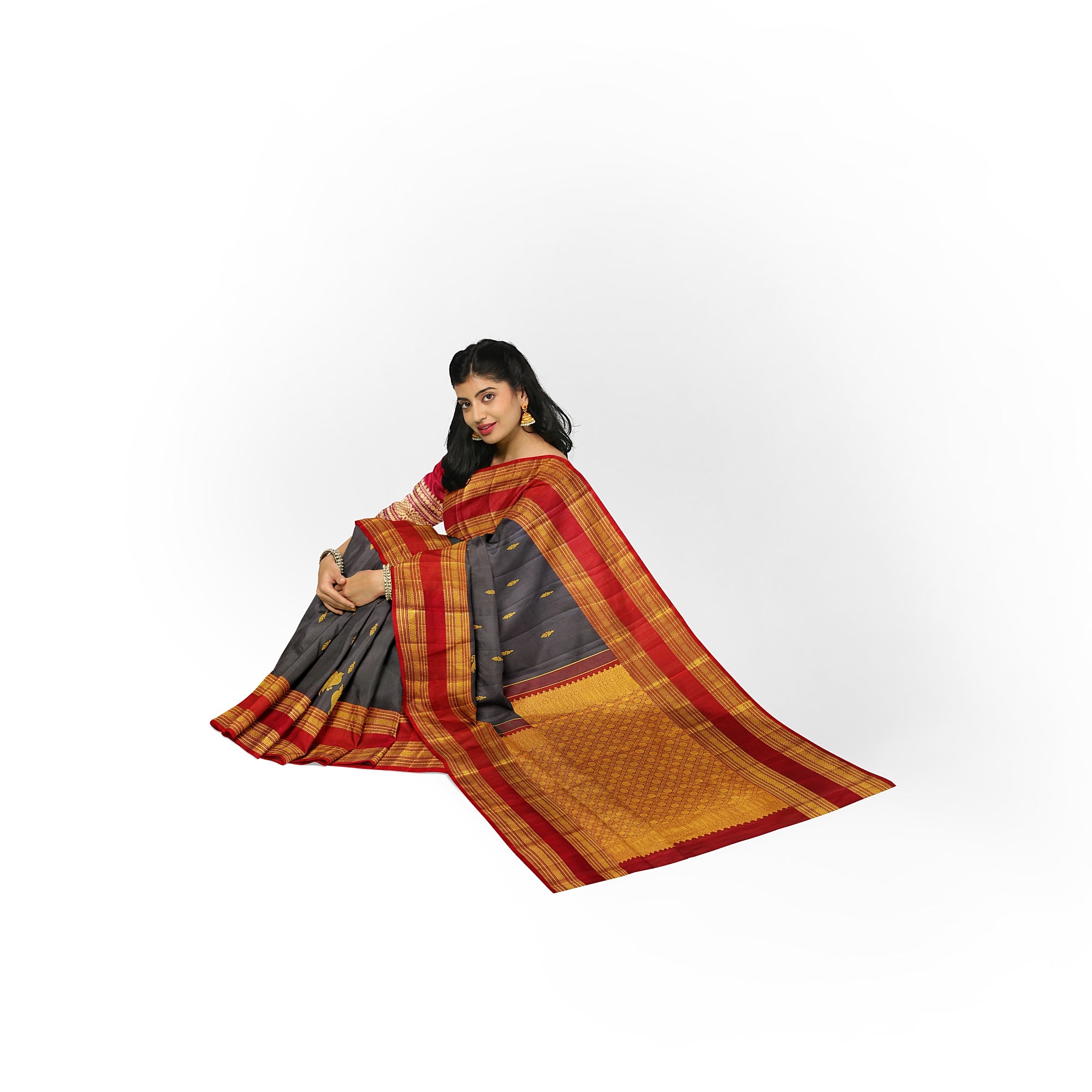 Chocolate Brown Kanjivaram Silk Saree with Maroon Bentex Zari Border – Pure Handloom Bridal Saree Online - New Sudarshan Silks`