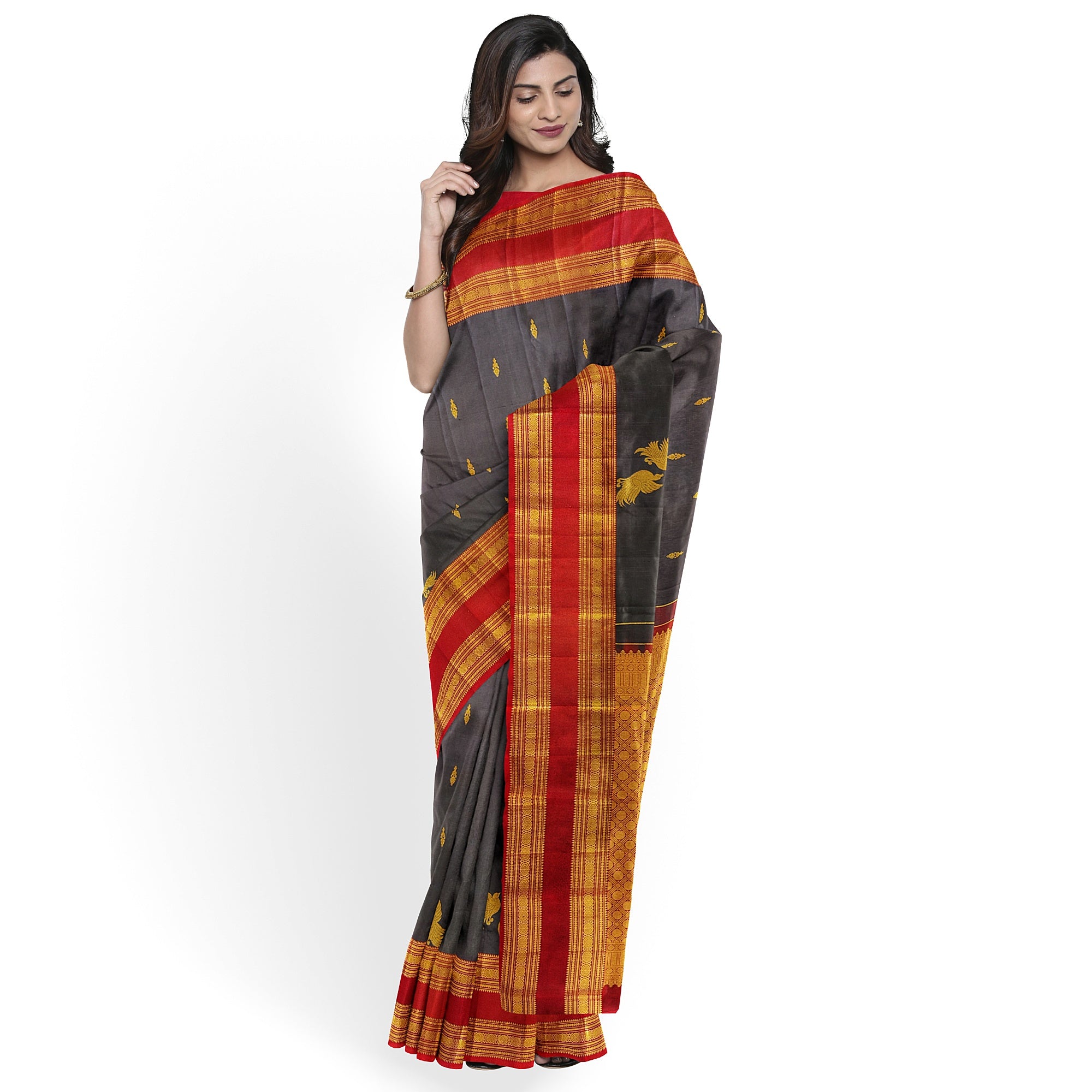 Chocolate Brown Kanjivaram Silk Saree with Maroon Bentex Zari Border – Pure Handloom Bridal Saree Online - New Sudarshan Silks`