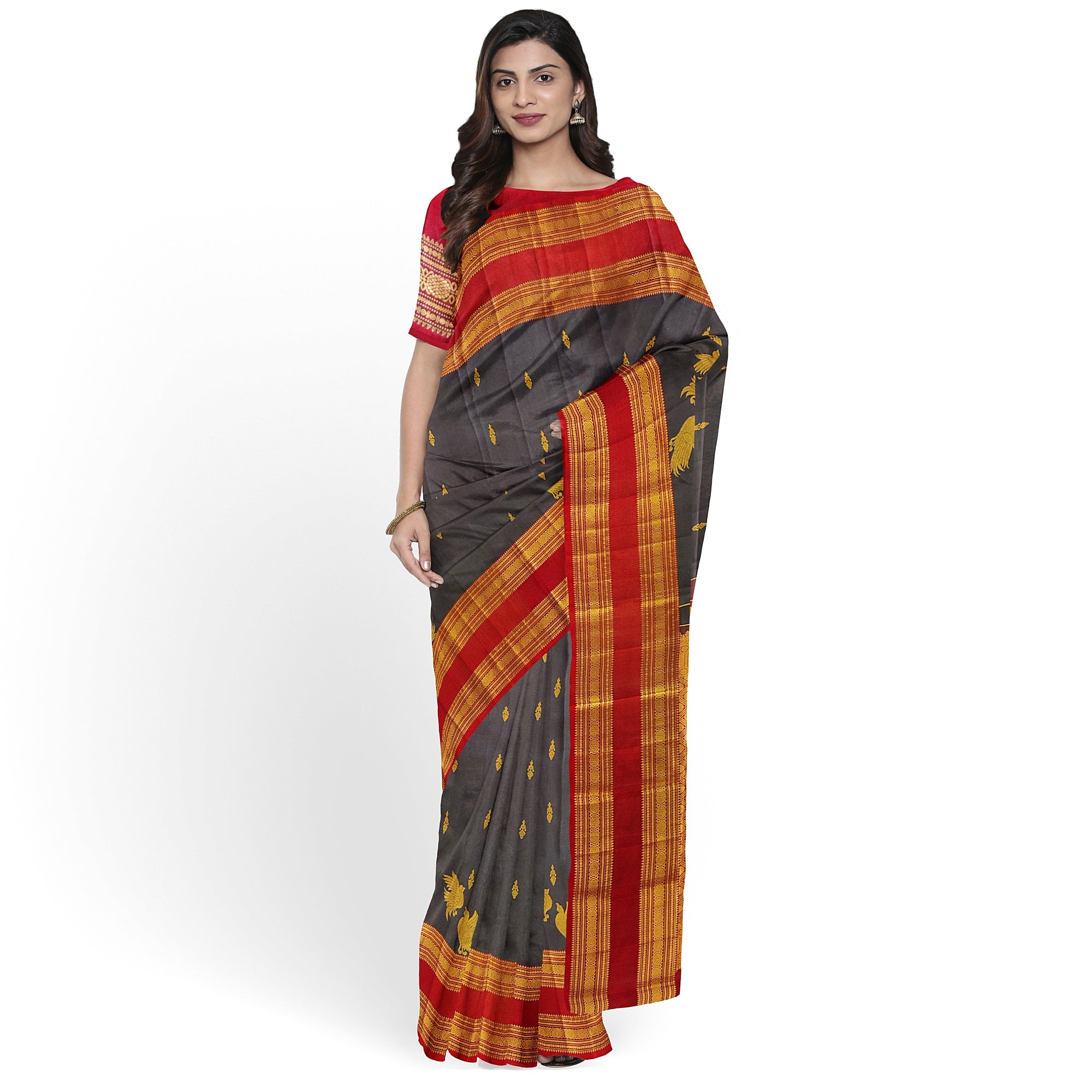 Chocolate Brown Kanjivaram Silk Saree with Maroon Bentex Zari Border – Pure Handloom Bridal Saree Online - New Sudarshan Silks`