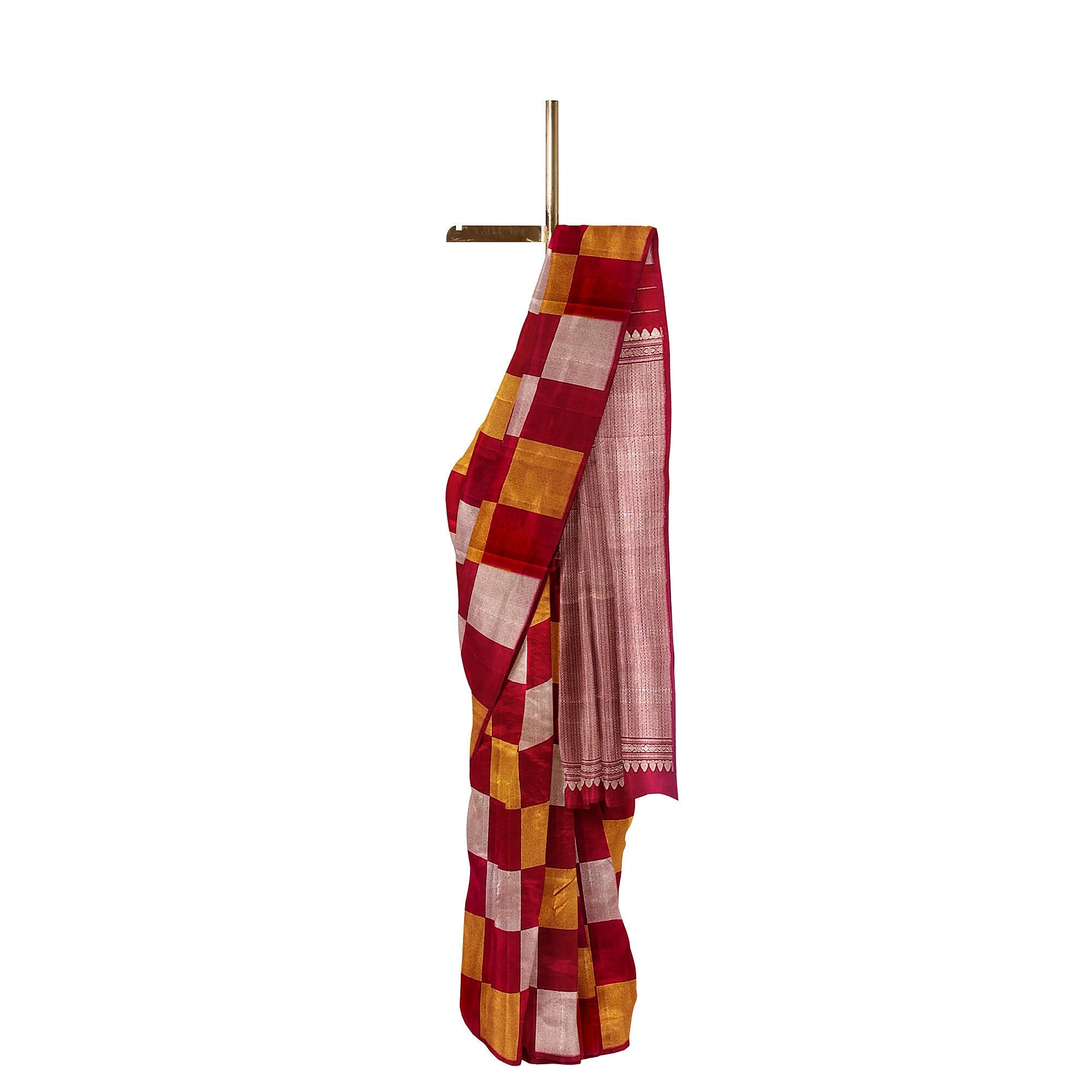 Dark Pink Kanjivaram Fancy Saree – Checks with Gold & Silver Work – Shop Online
