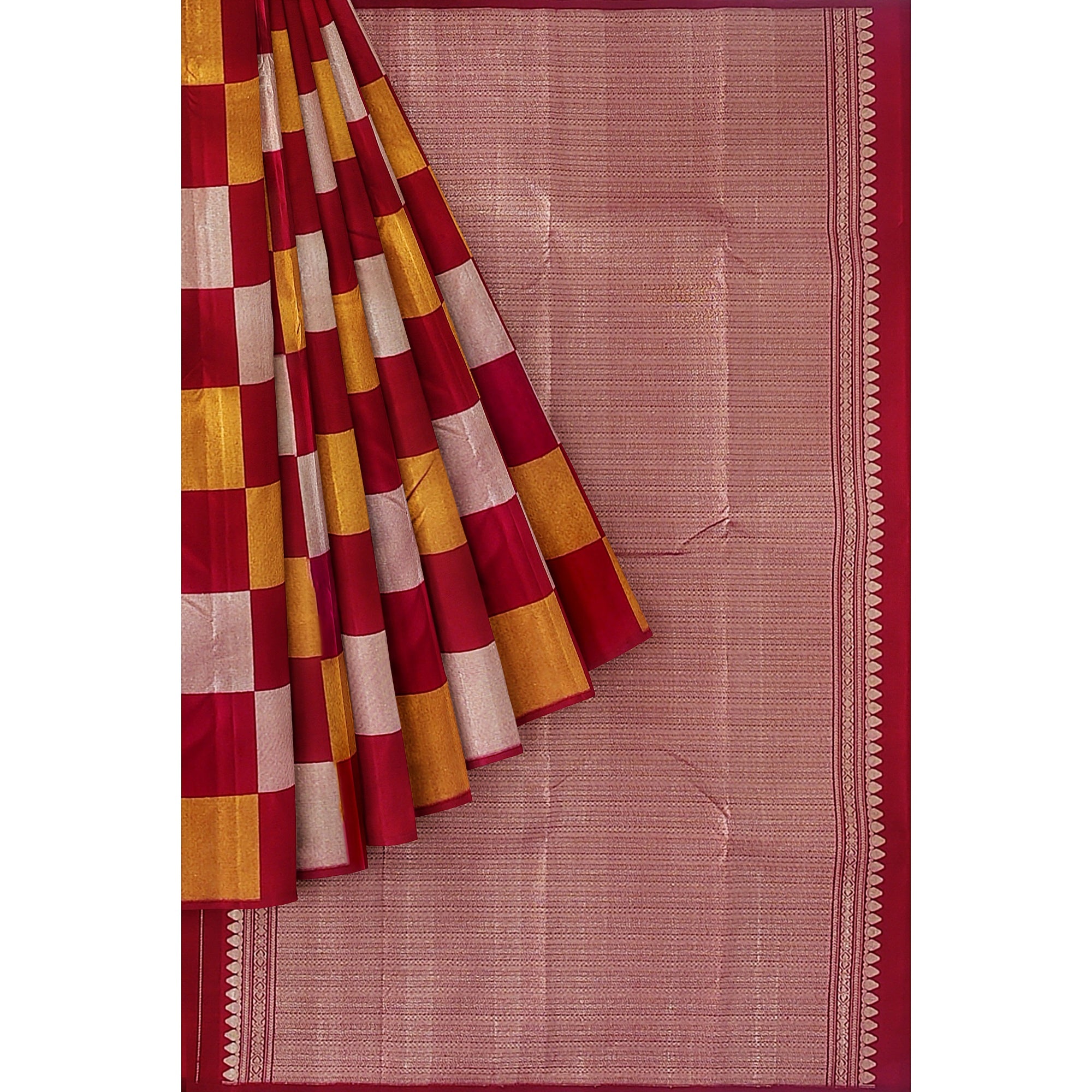 Dark Pink Kanjivaram Fancy Saree – Checks with Gold & Silver Work – Shop Online