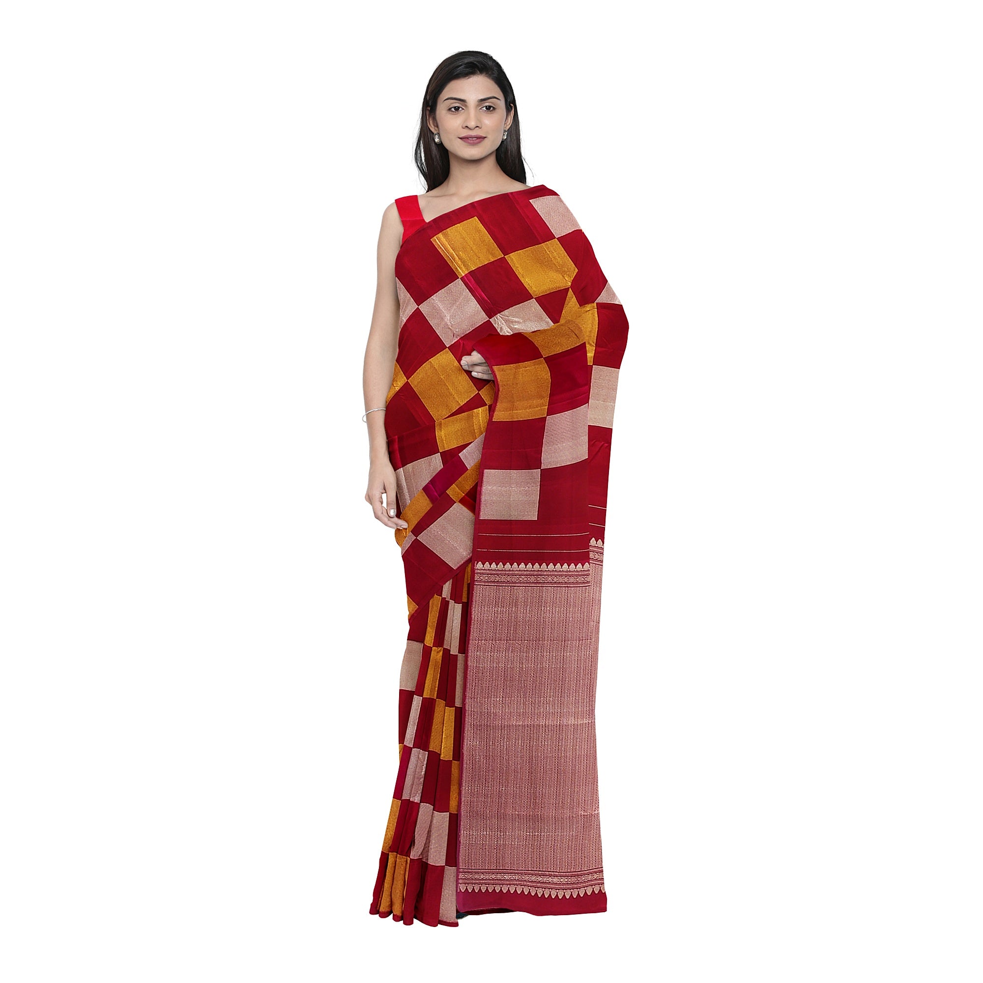 Dark Pink Kanjivaram Fancy Saree – Checks with Gold & Silver Work – Shop Online