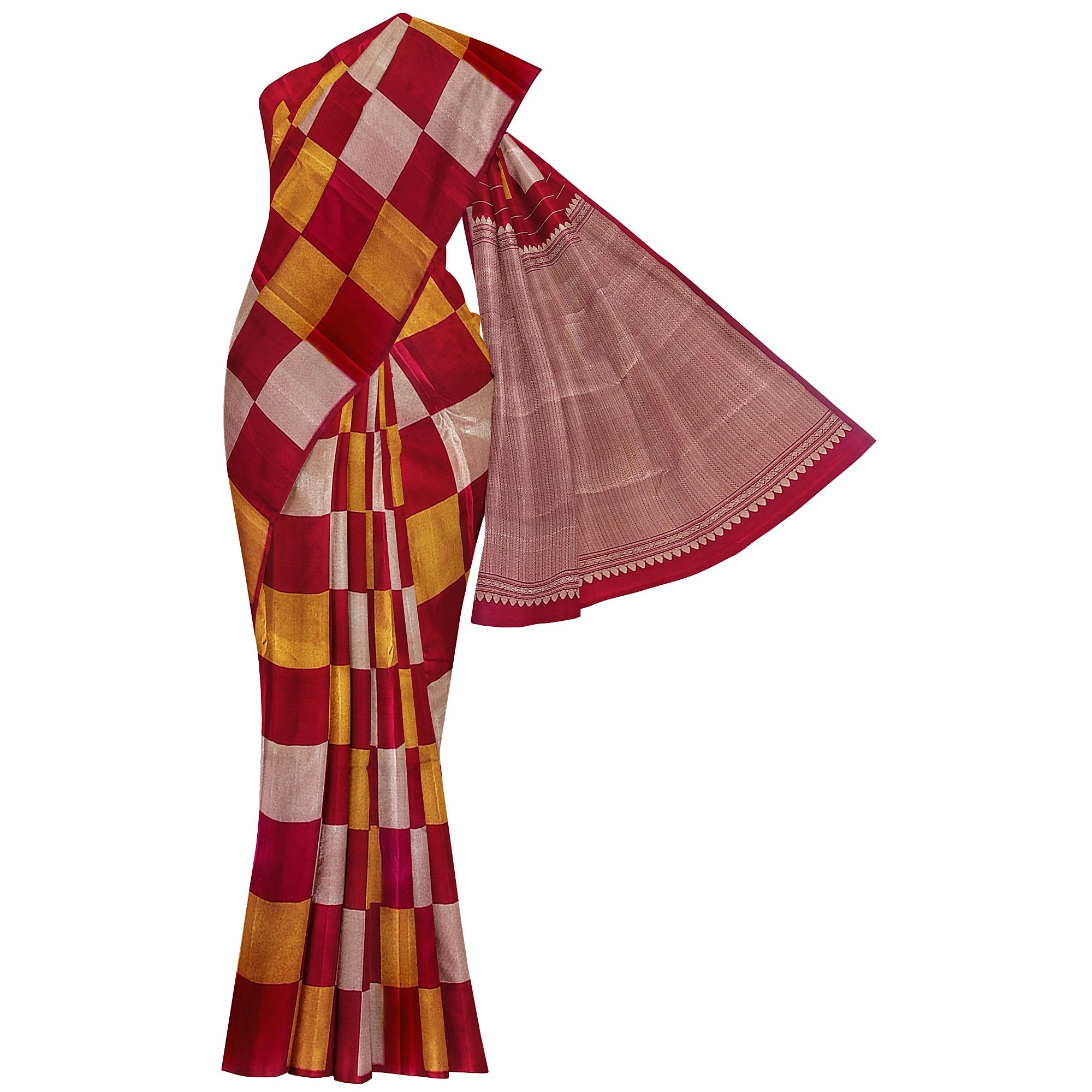 Dark Pink Kanjivaram Fancy Saree – Checks with Gold & Silver Work – Shop Online