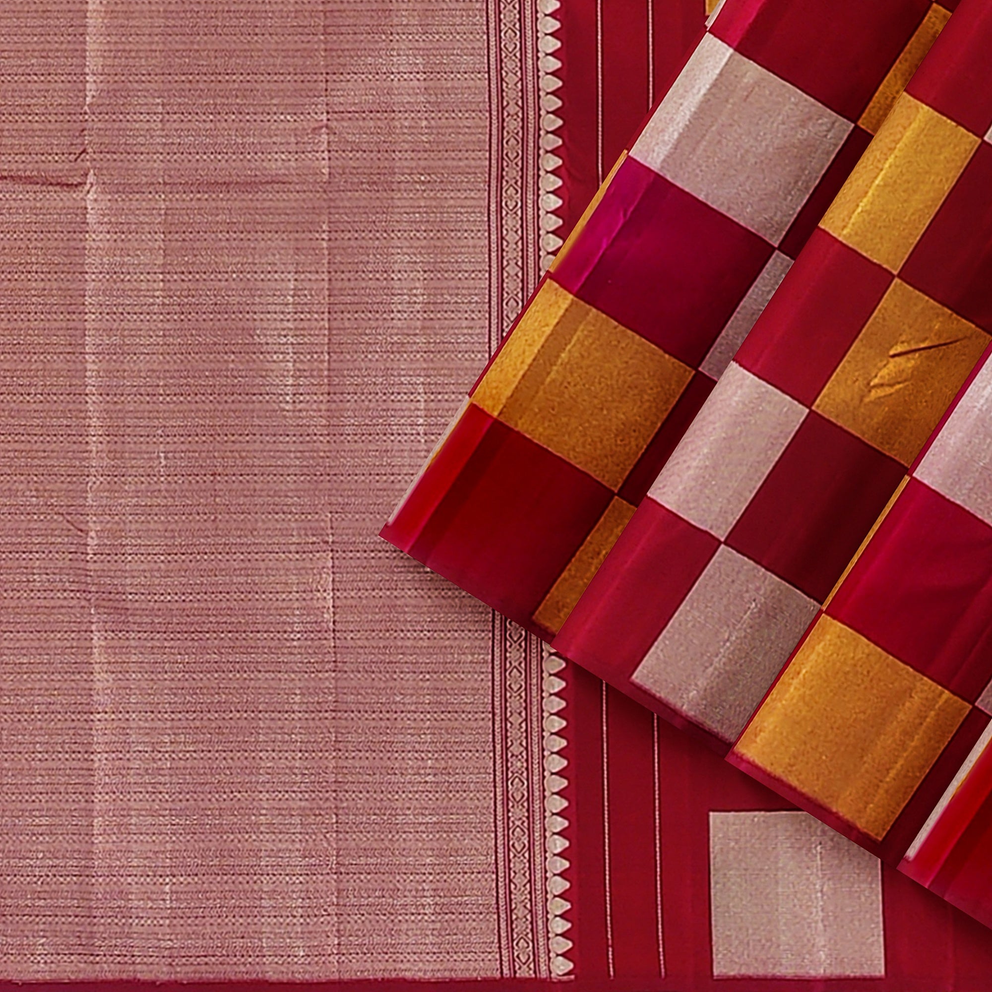 Dark Pink Kanjivaram Fancy Saree – Checks with Gold & Silver Work – Shop Online