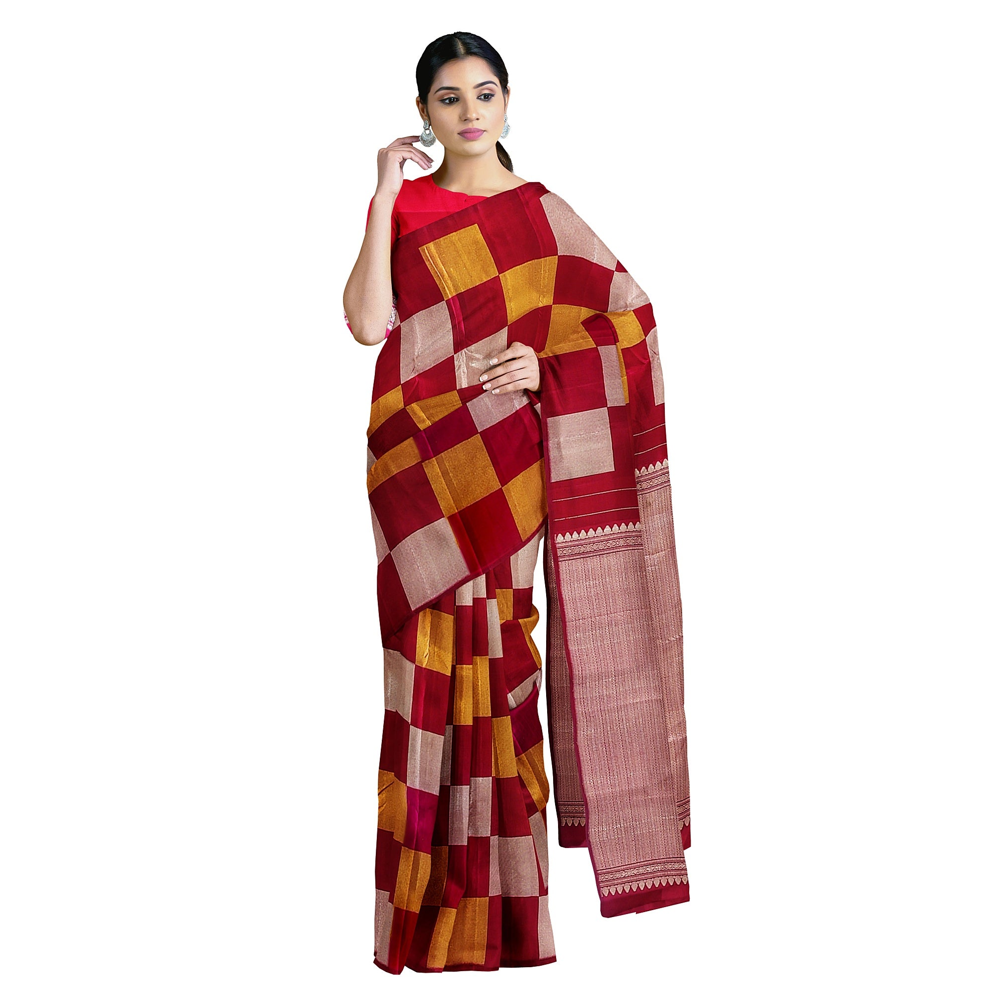 Dark Pink Kanjivaram Fancy Saree – Checks with Gold & Silver Work – Shop Online