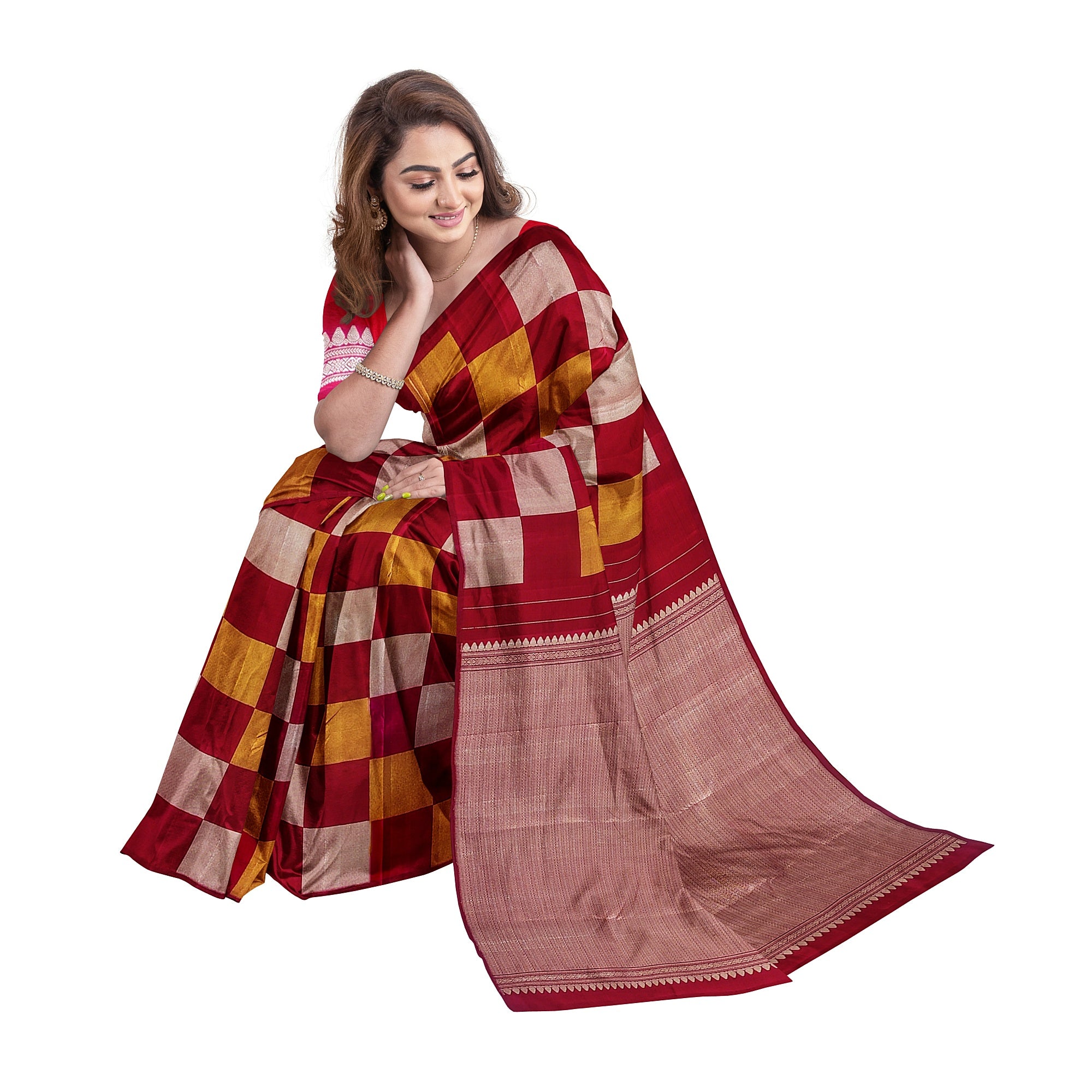 Dark Pink Kanjivaram Fancy Saree – Checks with Gold & Silver Work – Shop Online