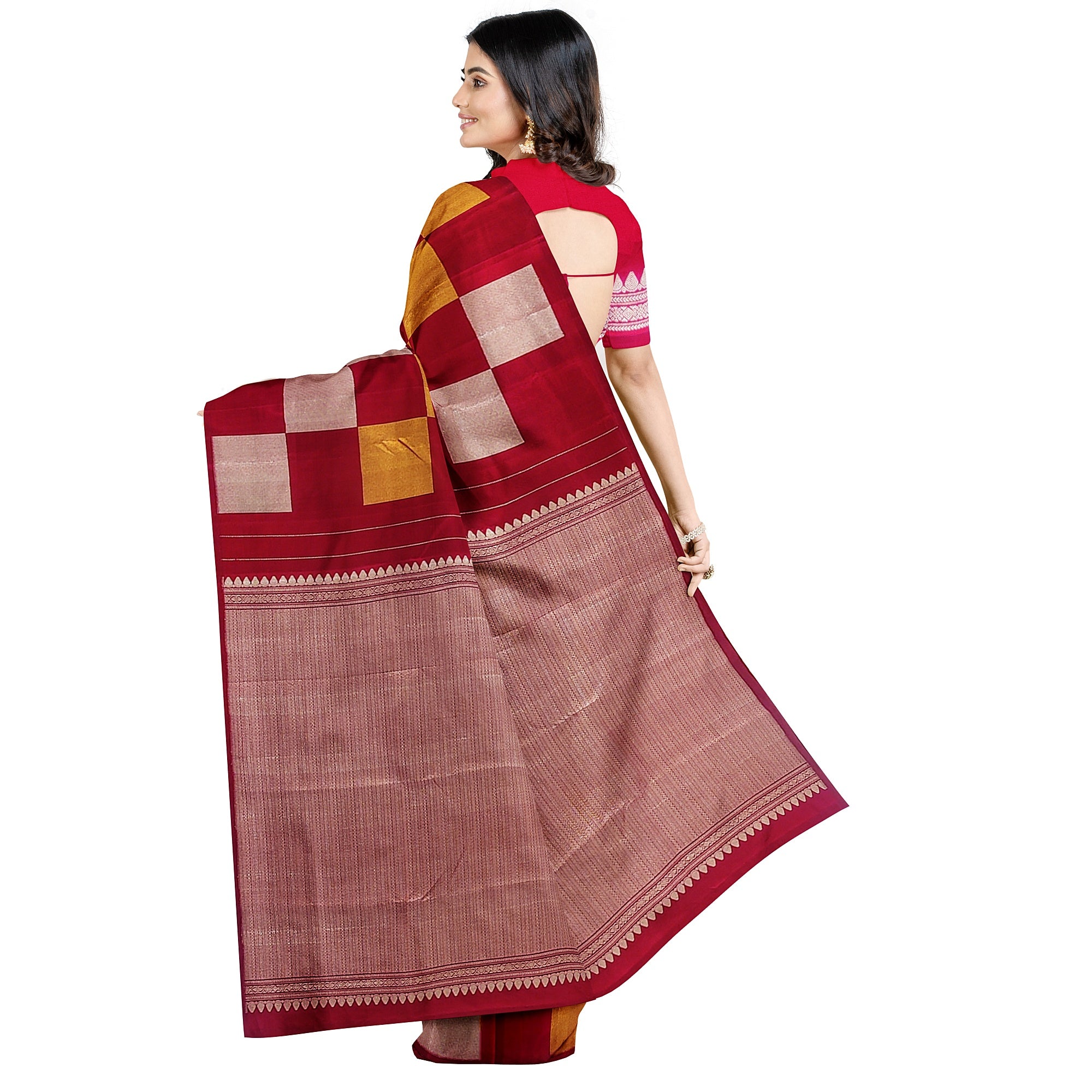 Dark Pink Kanjivaram Fancy Saree – Checks with Gold & Silver Work – Shop Online