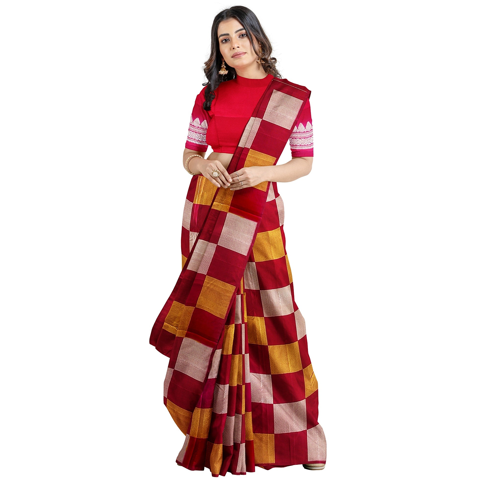 Dark Pink Kanjivaram Fancy Saree – Checks with Gold & Silver Work – Shop Online