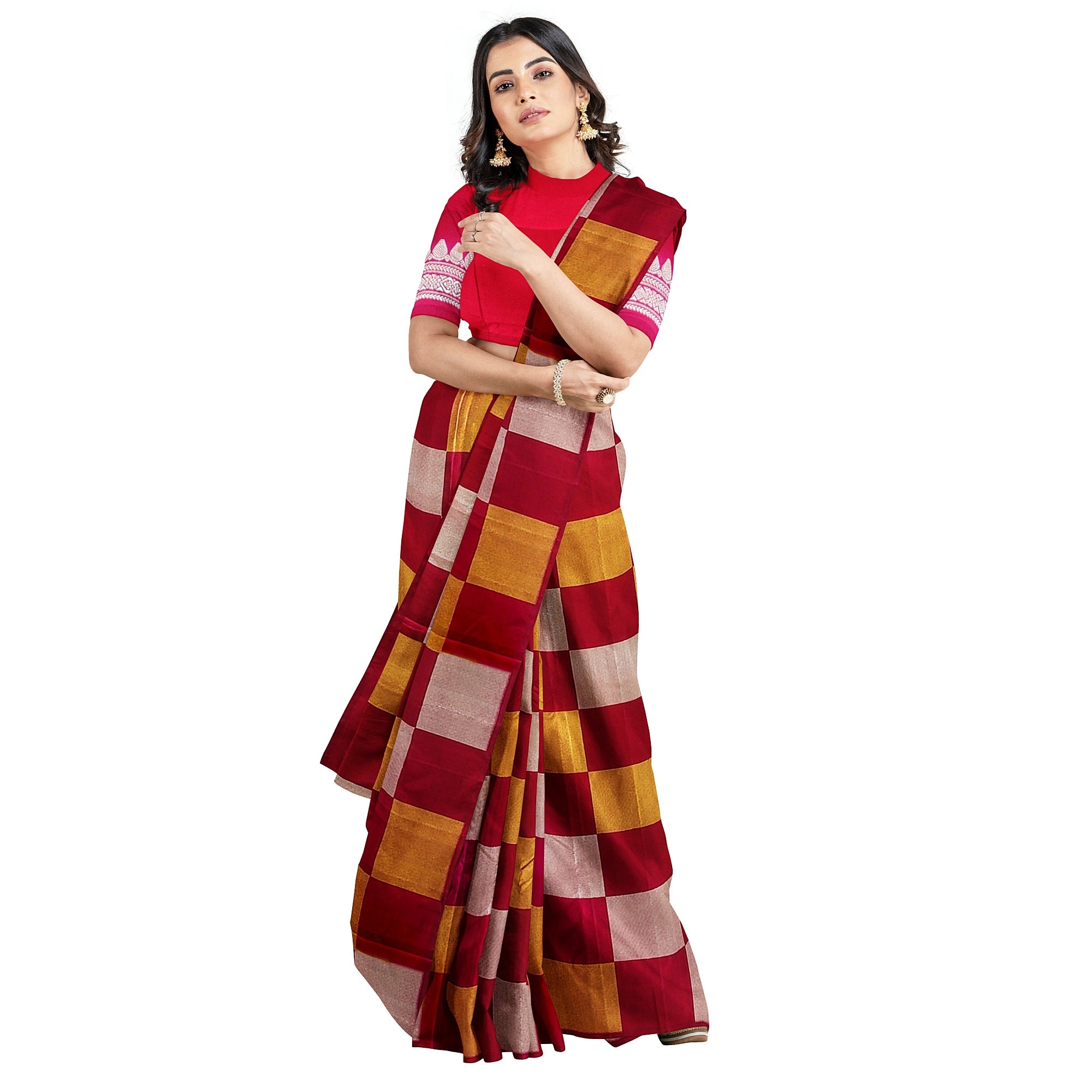 Dark Pink Kanjivaram Fancy Saree – Checks with Gold & Silver Work – Shop Online