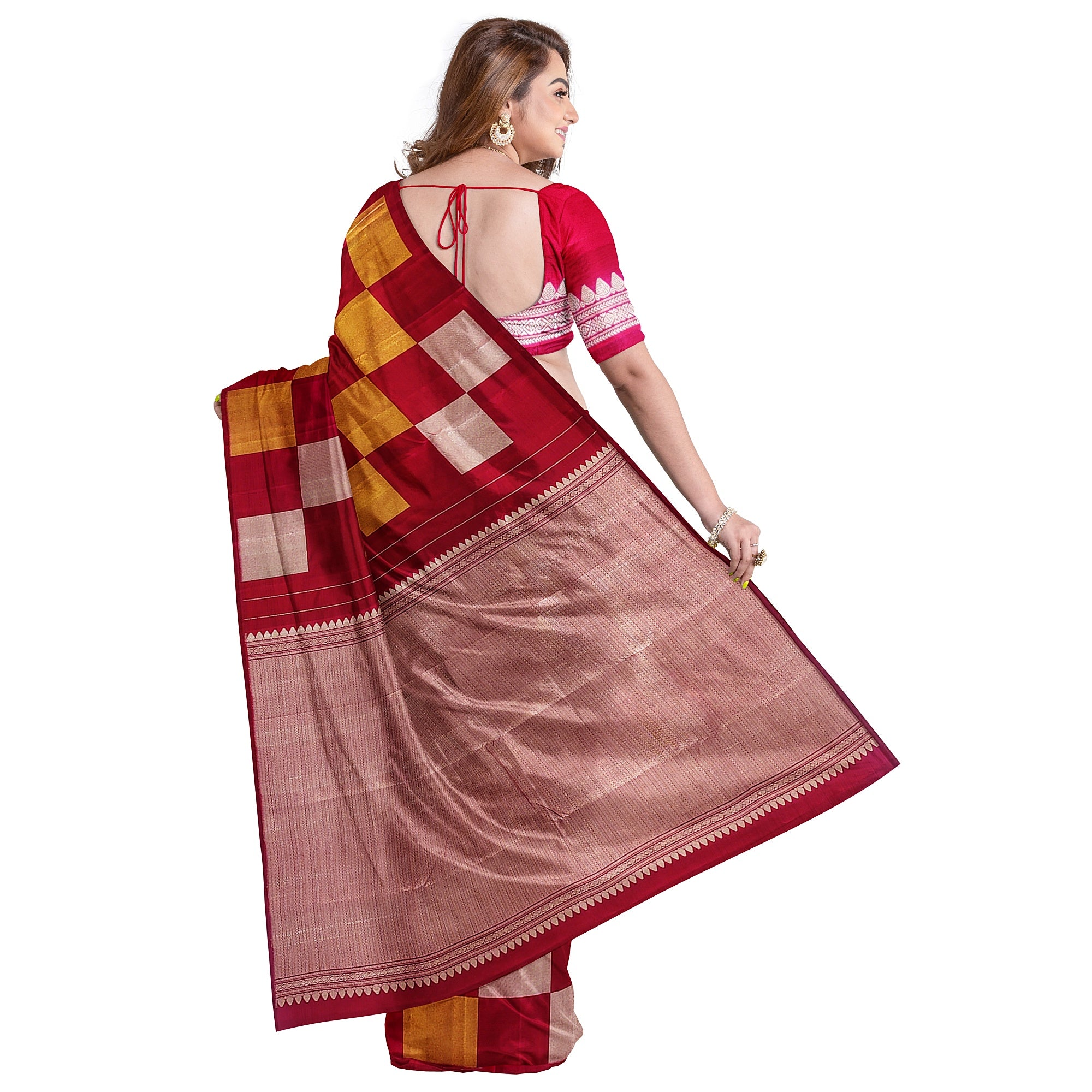 Dark Pink Kanjivaram Fancy Saree – Checks with Gold & Silver Work – Shop Online