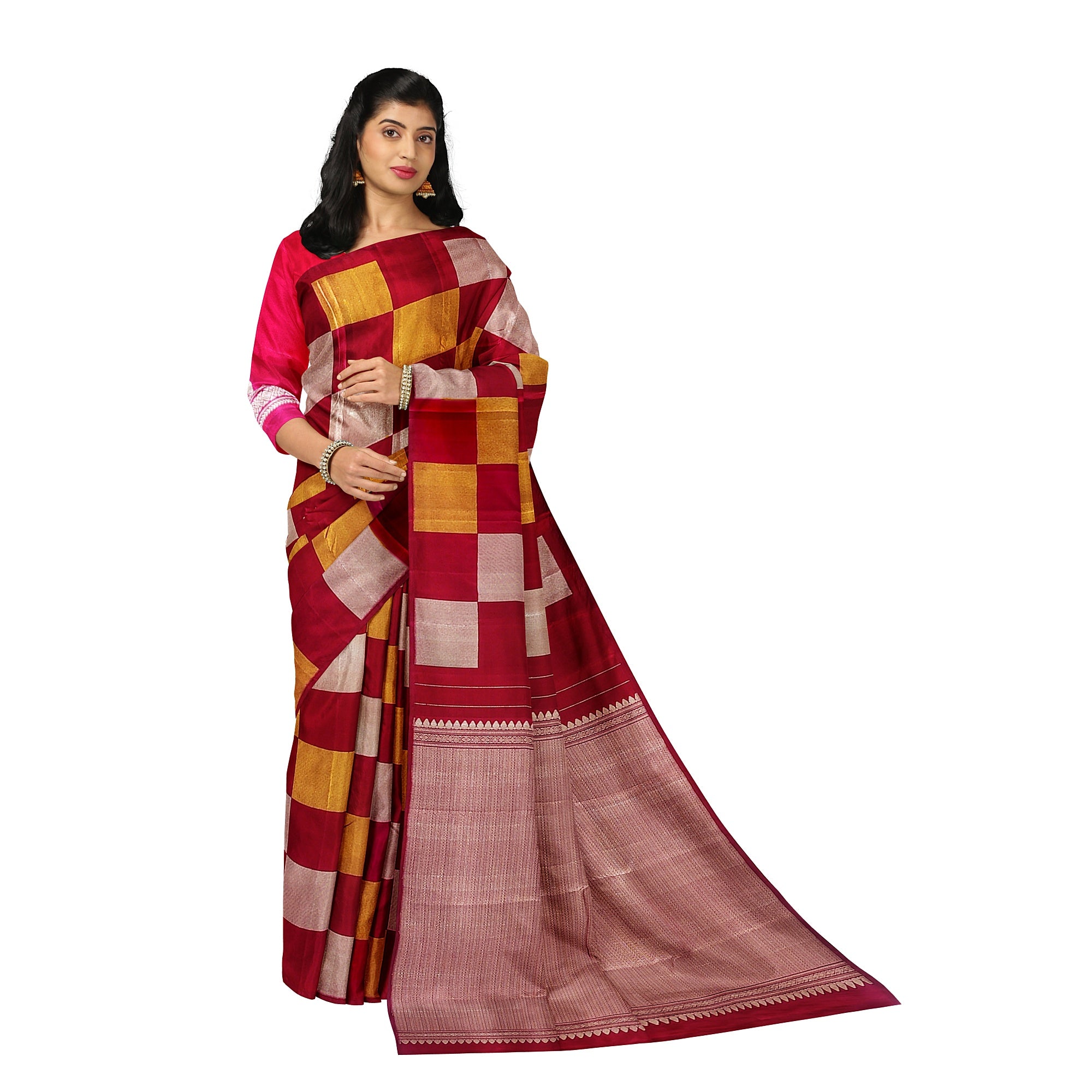 Dark Pink Kanjivaram Fancy Saree – Checks with Gold & Silver Work – Shop Online