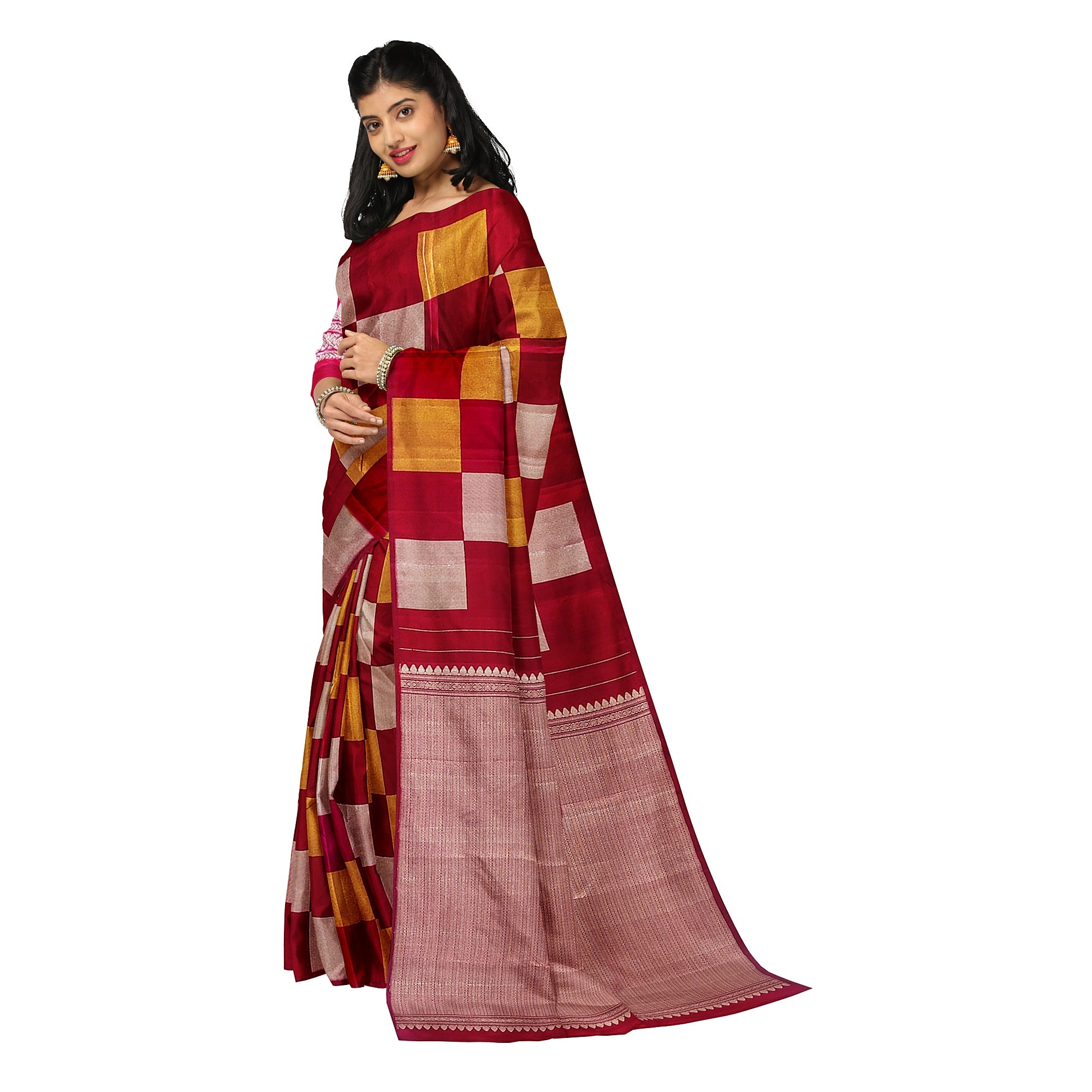 Dark Pink Kanjivaram Fancy Saree – Checks with Gold & Silver Work – Shop Online