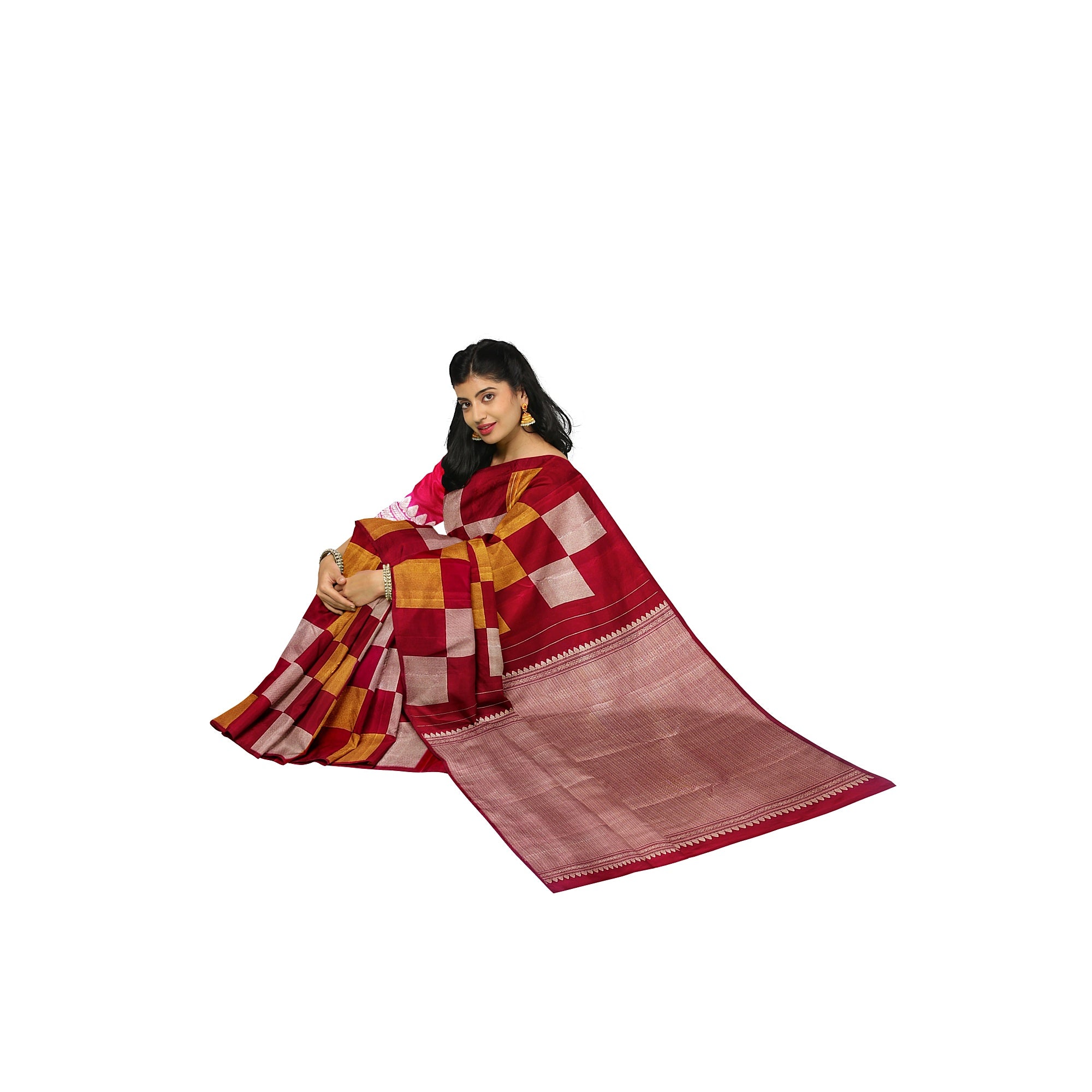 Dark Pink Kanjivaram Fancy Saree – Checks with Gold & Silver Work – Shop Online