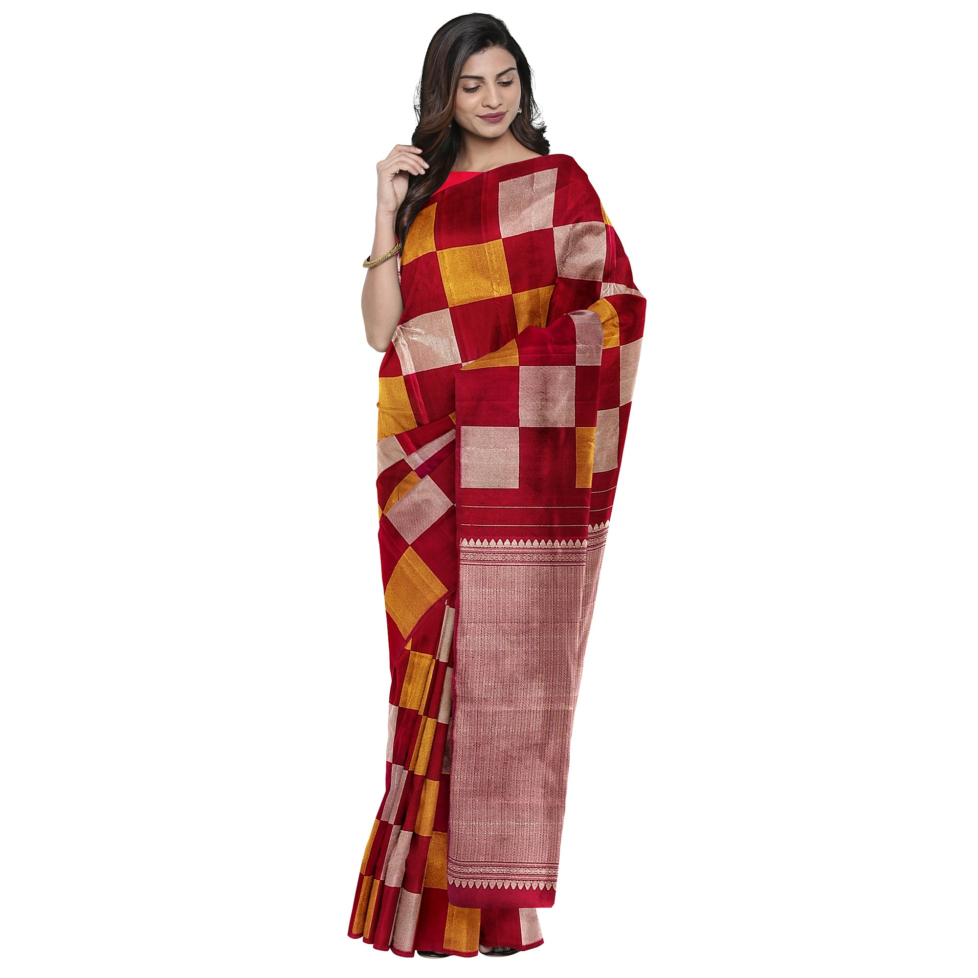 Dark Pink Kanjivaram Fancy Saree – Checks with Gold & Silver Work – Shop Online