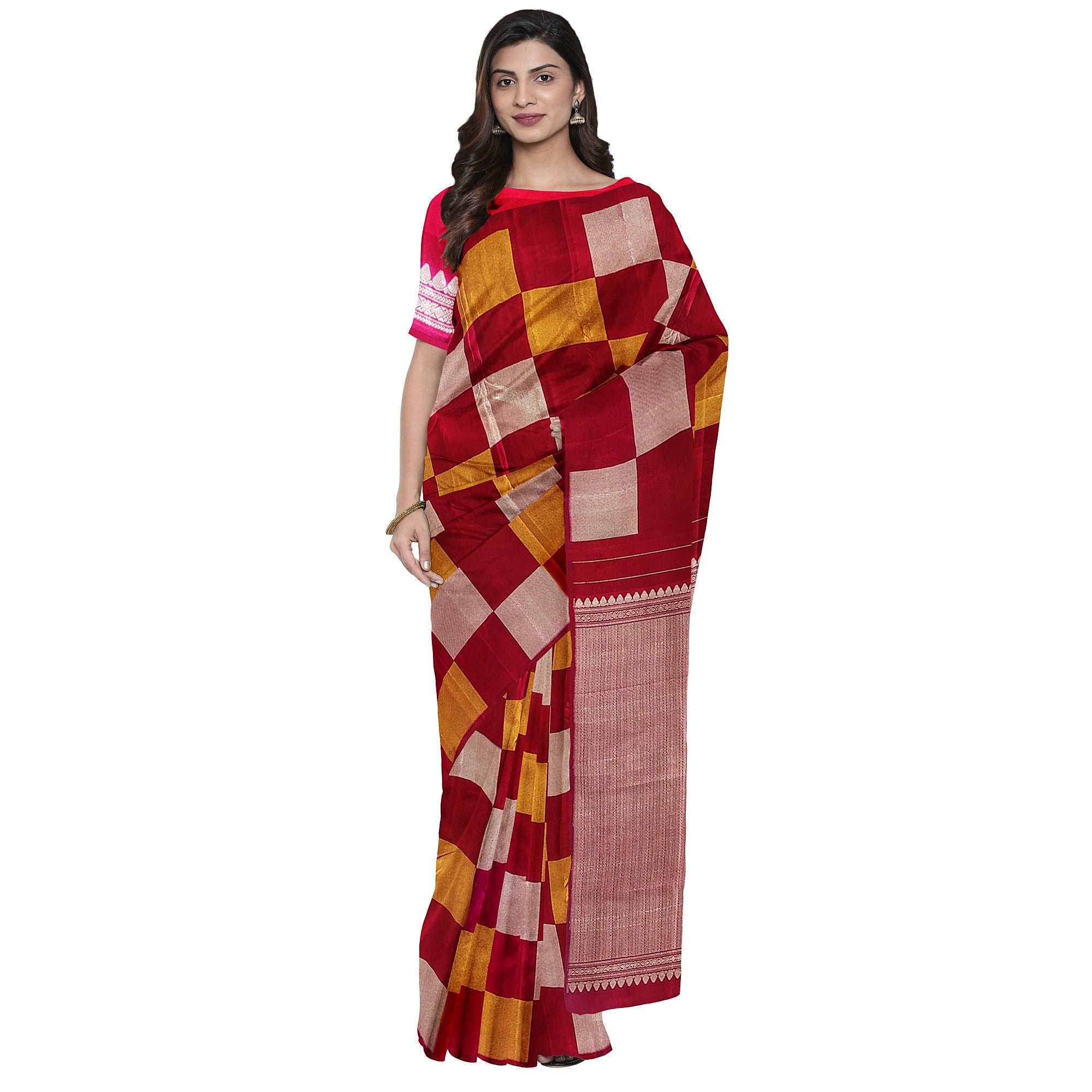 Dark Pink Kanjivaram Fancy Saree – Checks with Gold & Silver Work – Shop Online