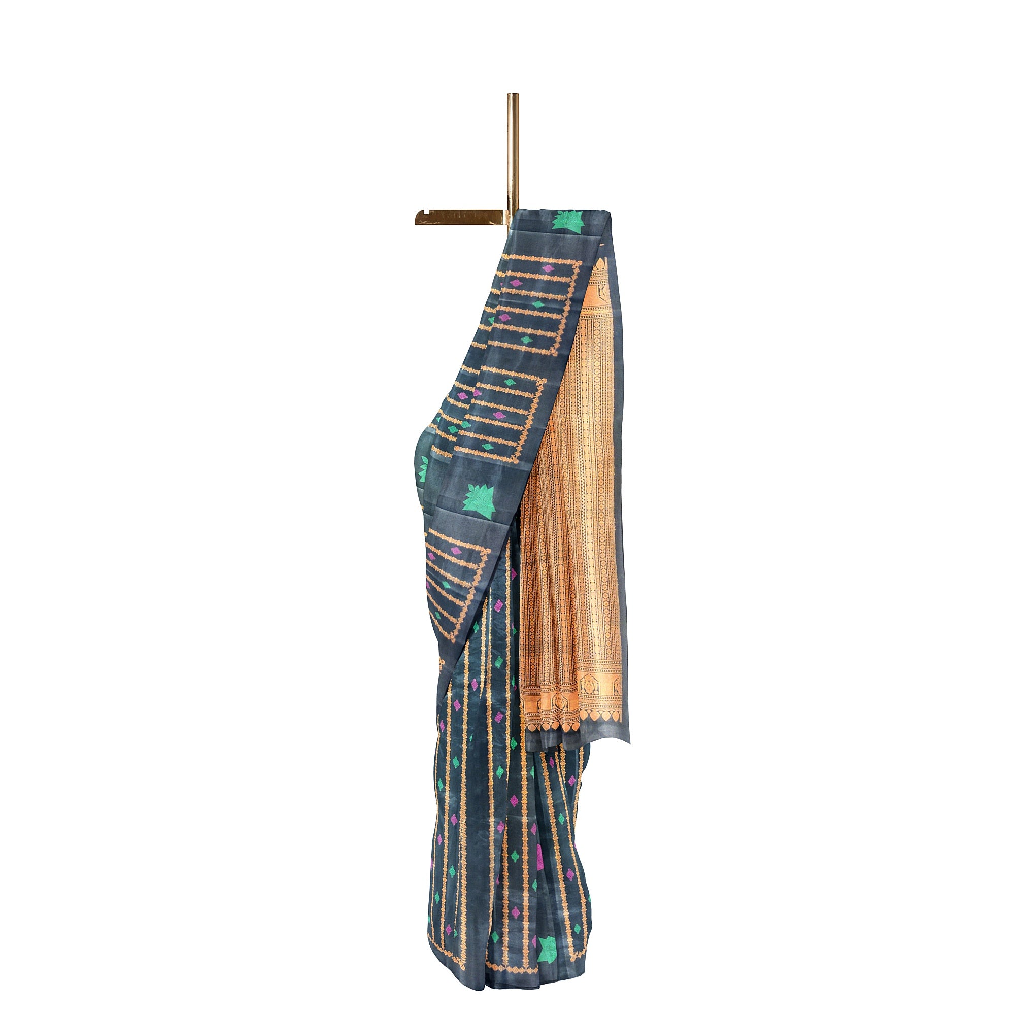 Black Kanjivaram Saree – Copper Zari with Pink & Green Butta – Shop Online