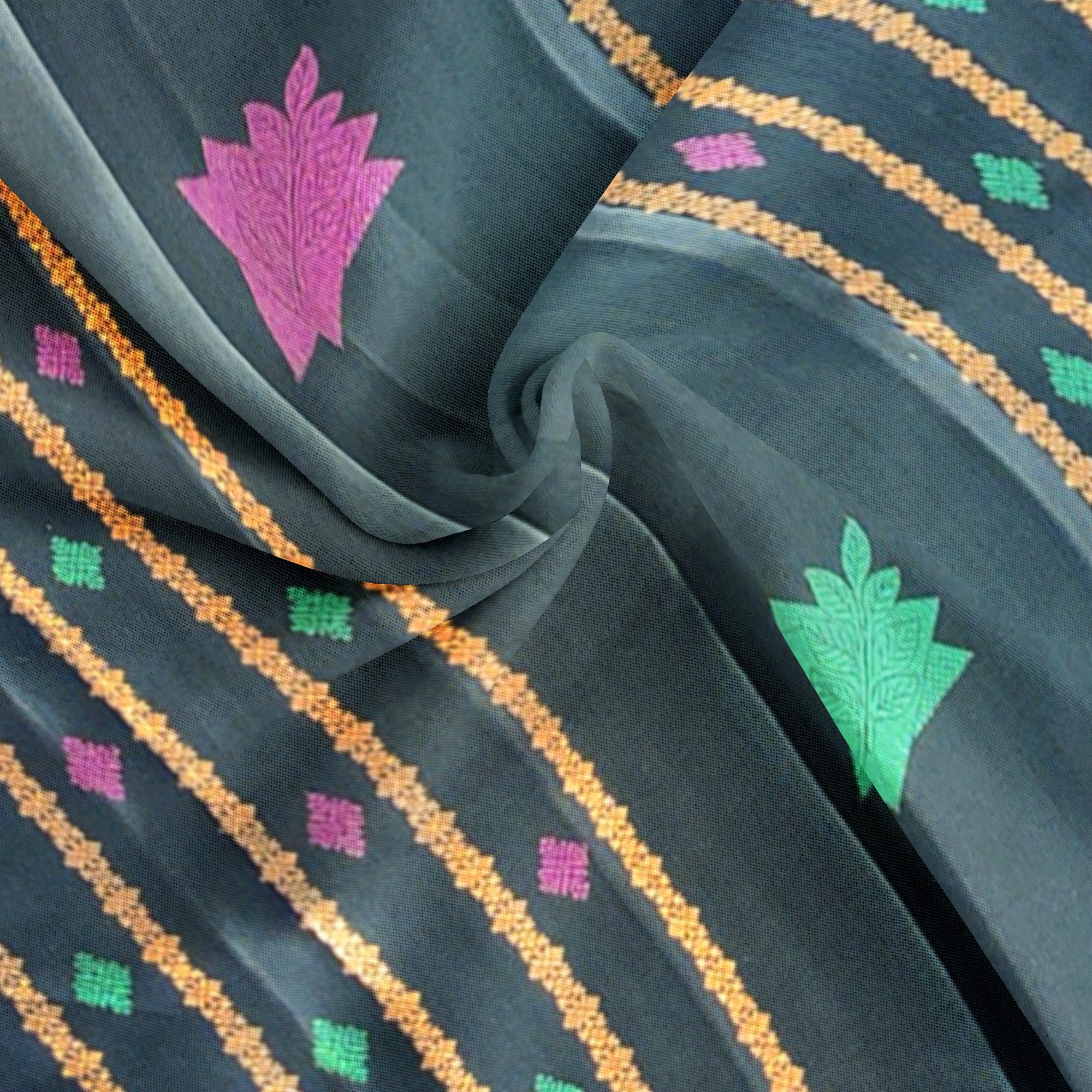 Black Kanjivaram Saree – Copper Zari with Pink & Green Butta – Shop Online