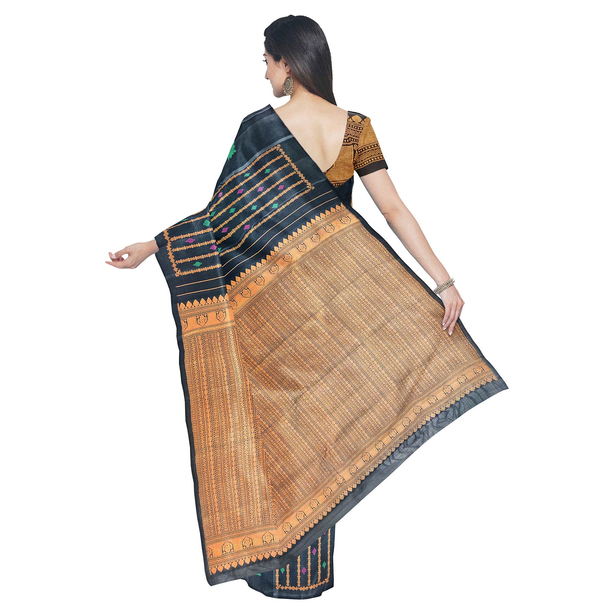 Black Kanjivaram Saree – Copper Zari with Pink & Green Butta – Shop Online