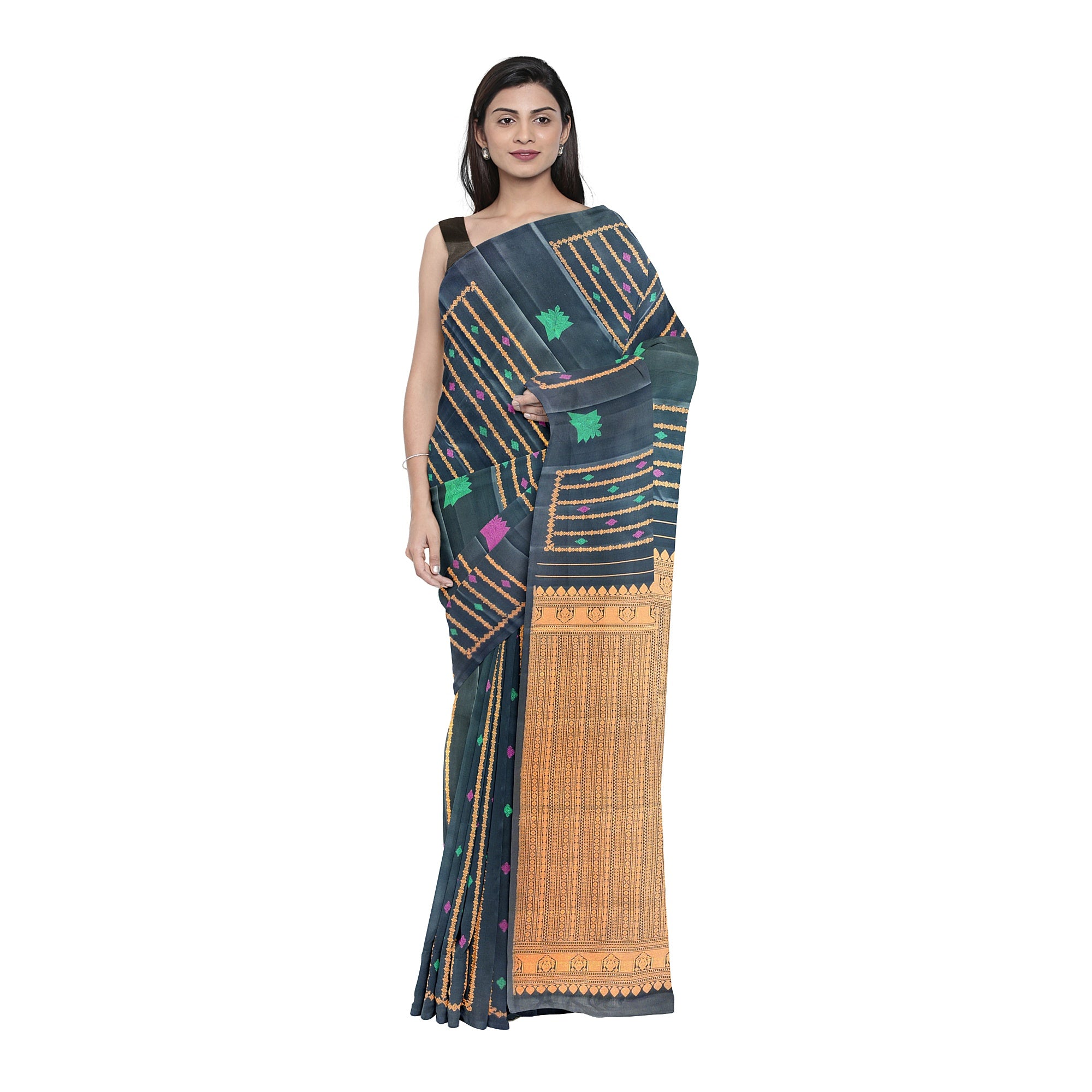 Black Kanjivaram Saree – Copper Zari with Pink & Green Butta – Shop Online