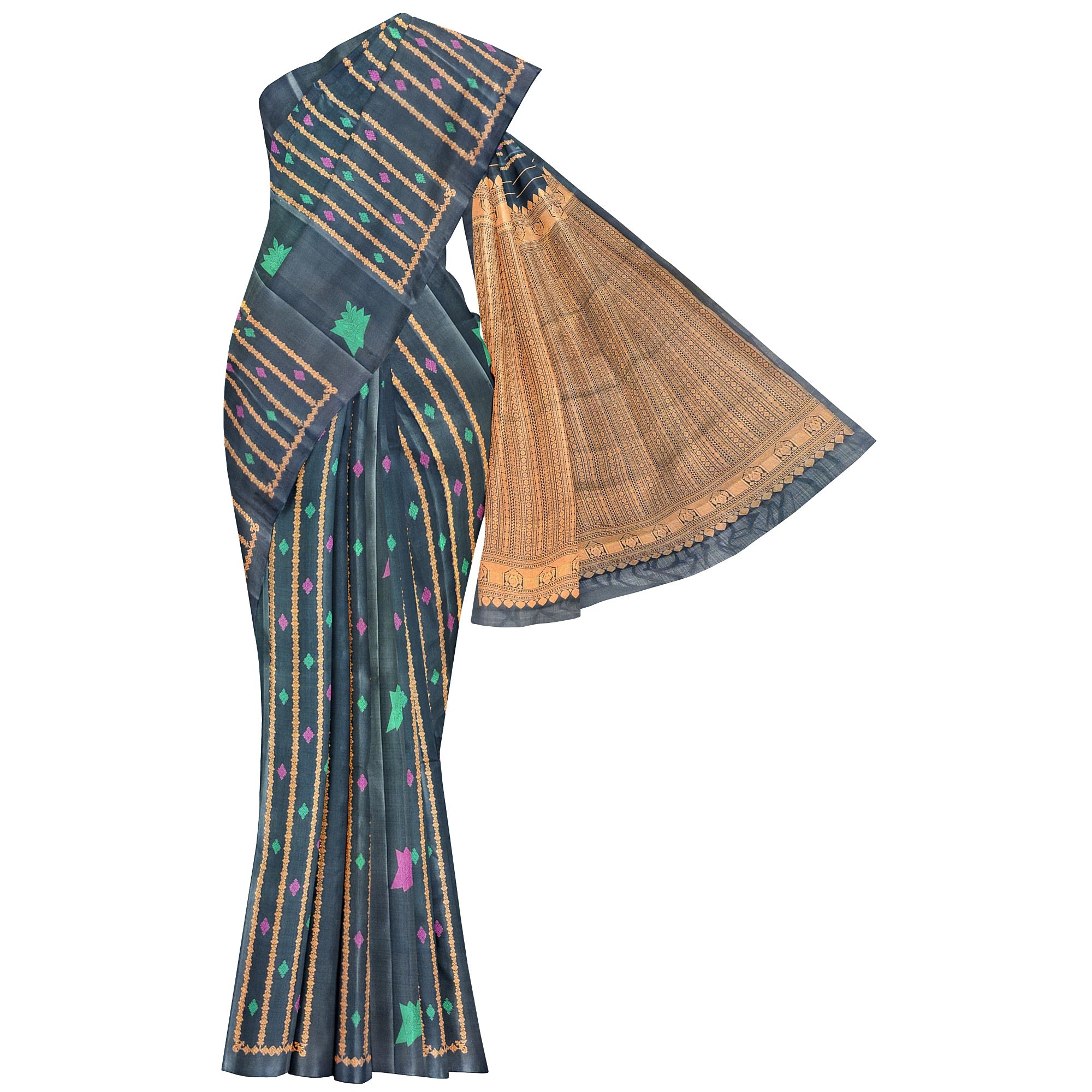 Black Kanjivaram Saree – Copper Zari with Pink & Green Butta – Shop Online