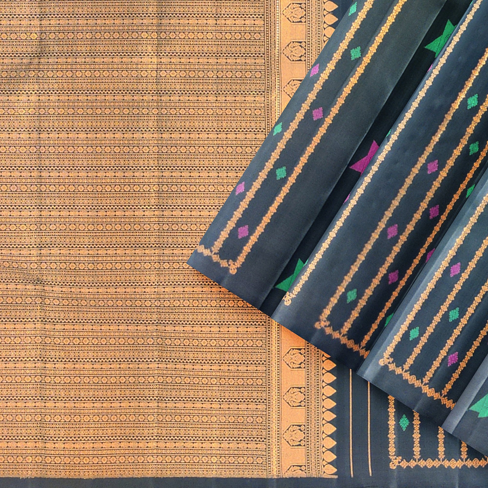 Black Kanjivaram Saree – Copper Zari with Pink & Green Butta – Shop Online
