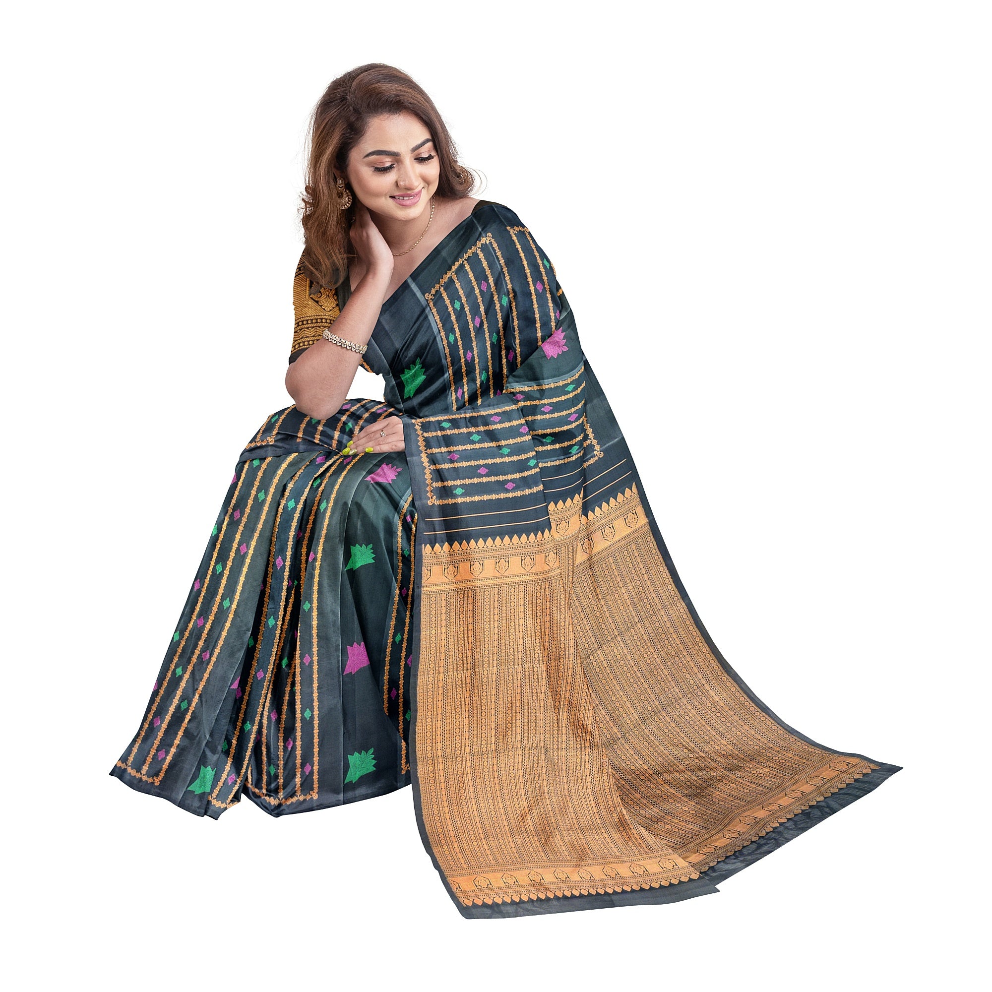 Black Kanjivaram Saree – Copper Zari with Pink & Green Butta – Shop Online