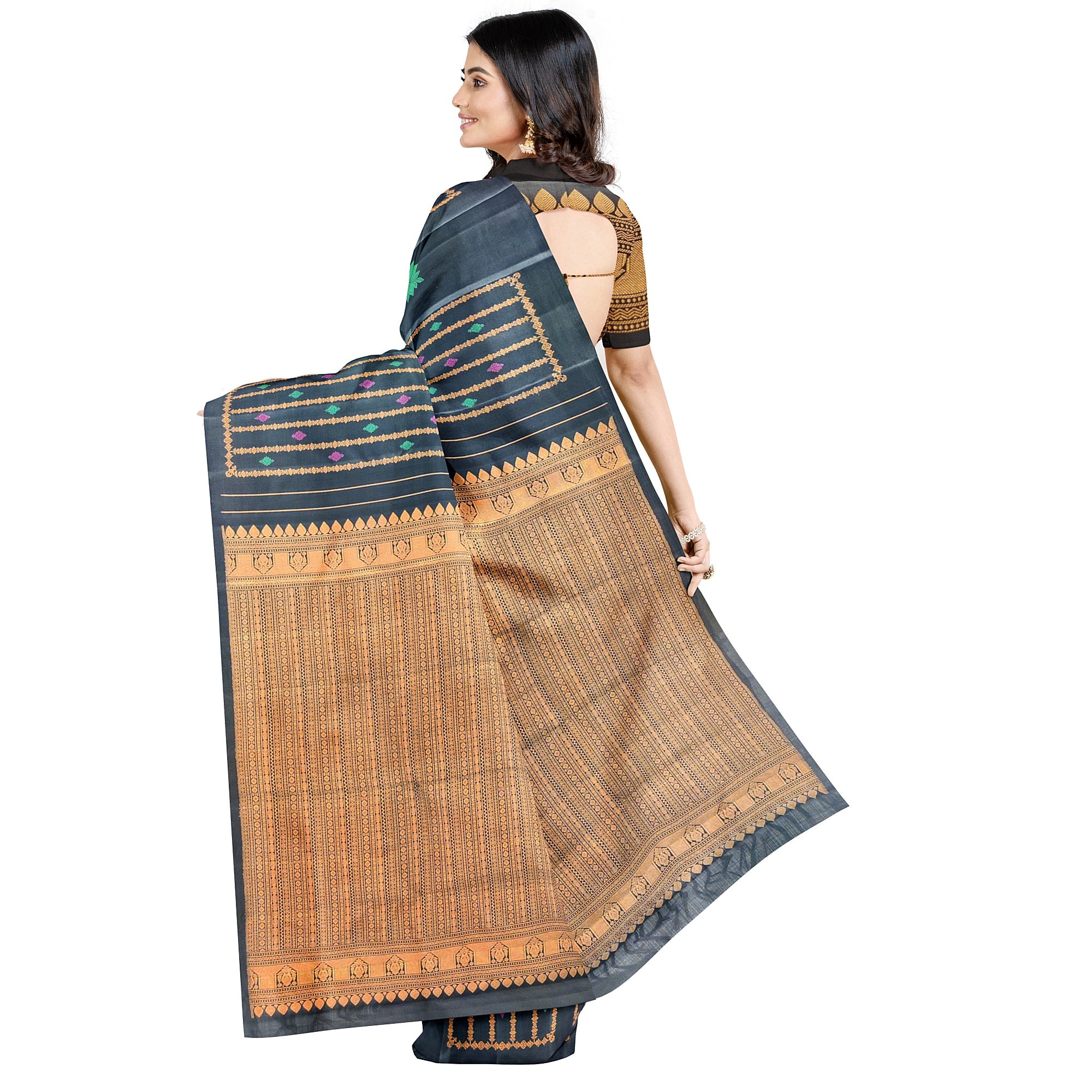 Black Kanjivaram Saree – Copper Zari with Pink & Green Butta – Shop Online