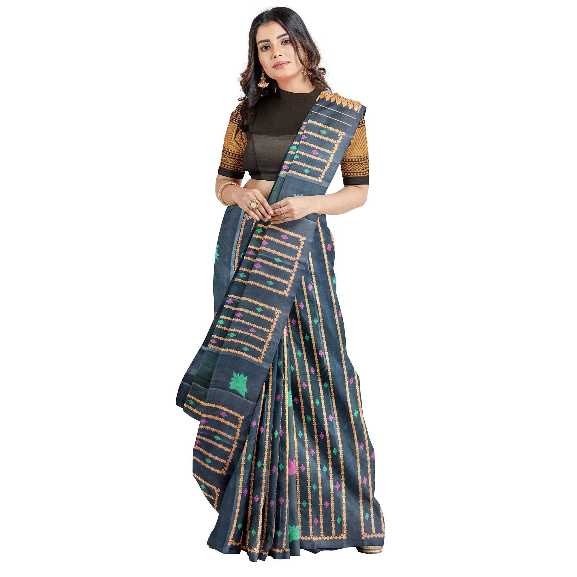 Black Kanjivaram Saree – Copper Zari with Pink & Green Butta – Shop Online