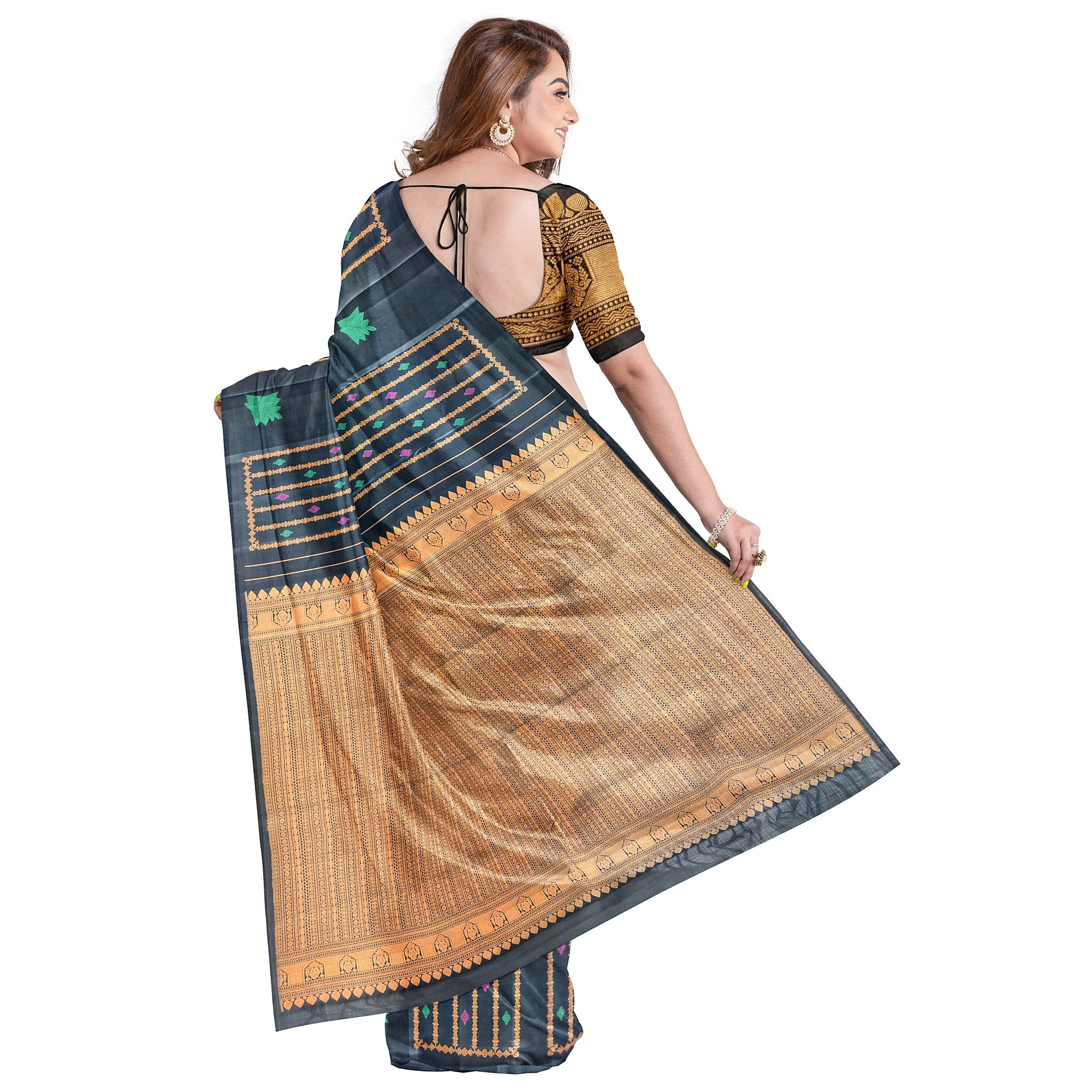 Black Kanjivaram Saree – Copper Zari with Pink & Green Butta – Shop Online