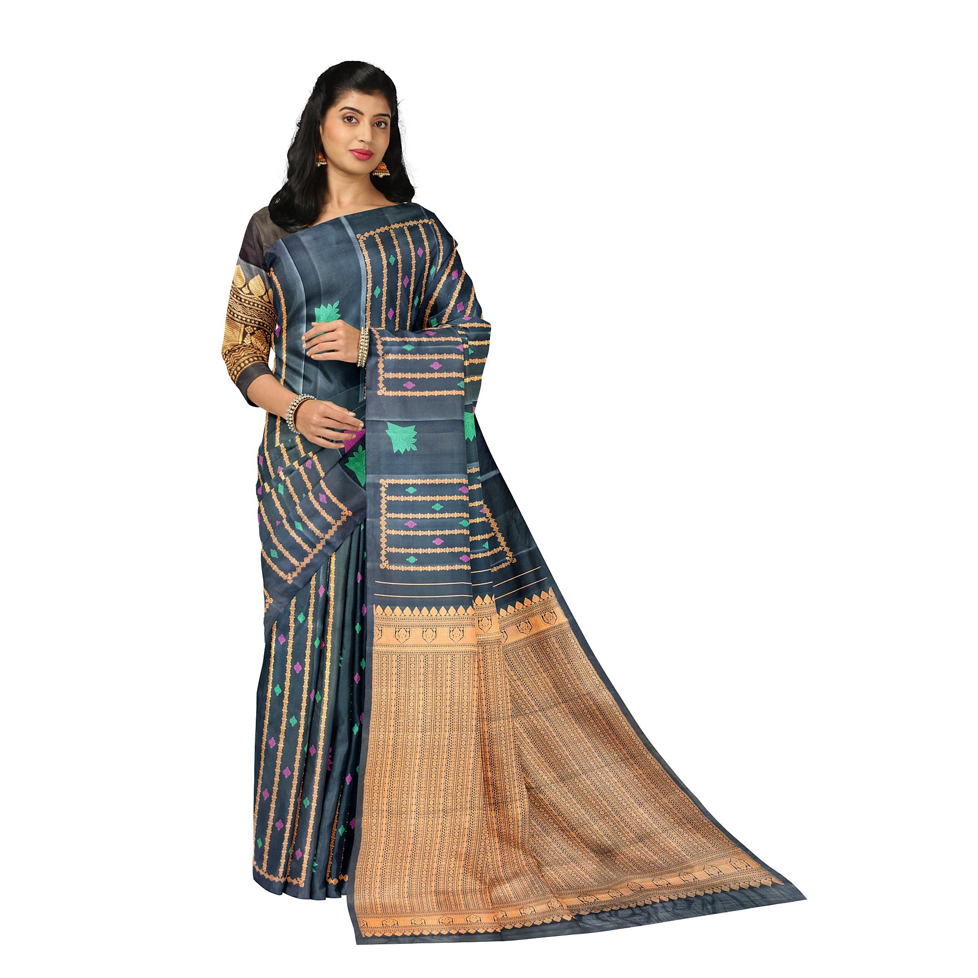 Black Kanjivaram Saree – Copper Zari with Pink & Green Butta – Shop Online