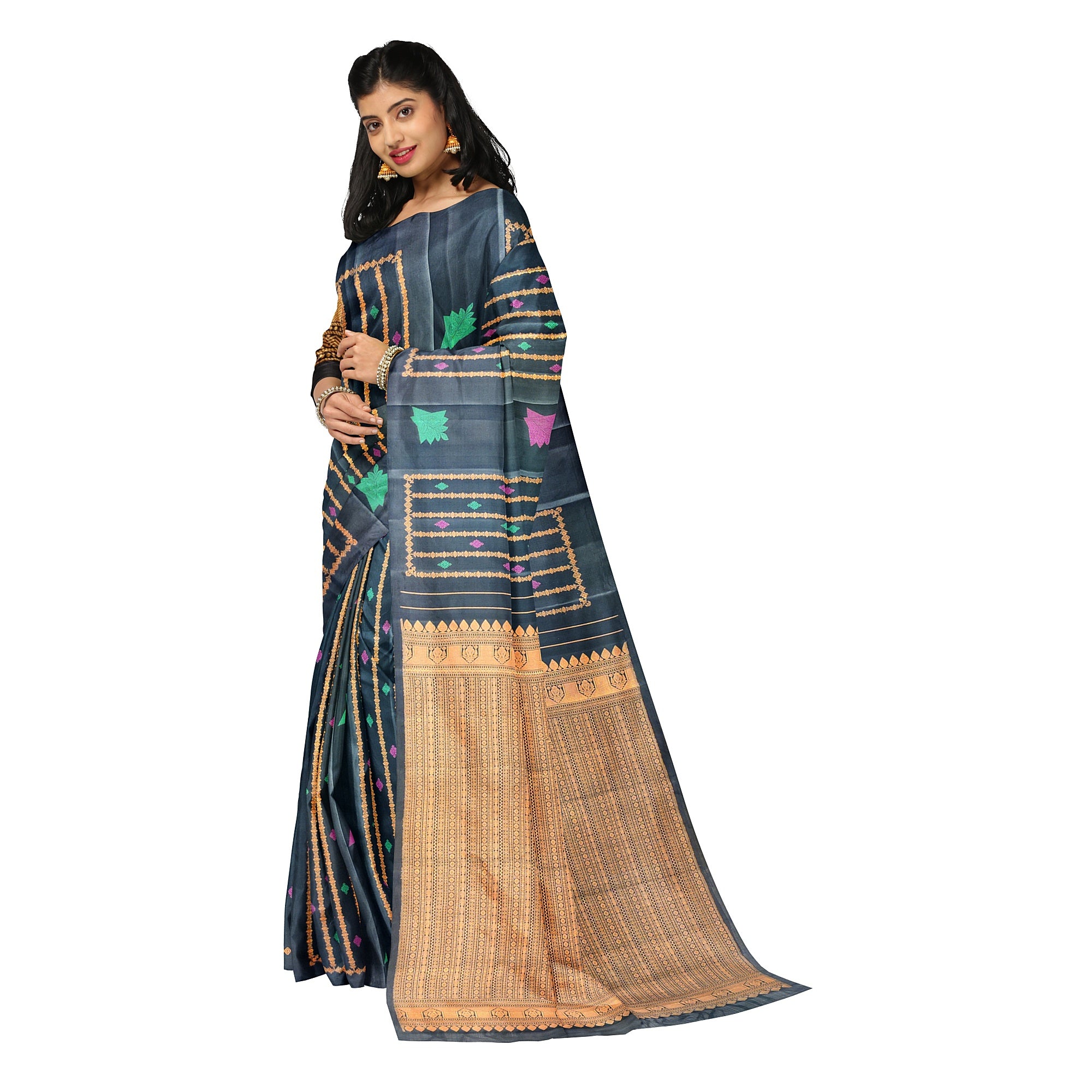 Black Kanjivaram Saree – Copper Zari with Pink & Green Butta – Shop Online