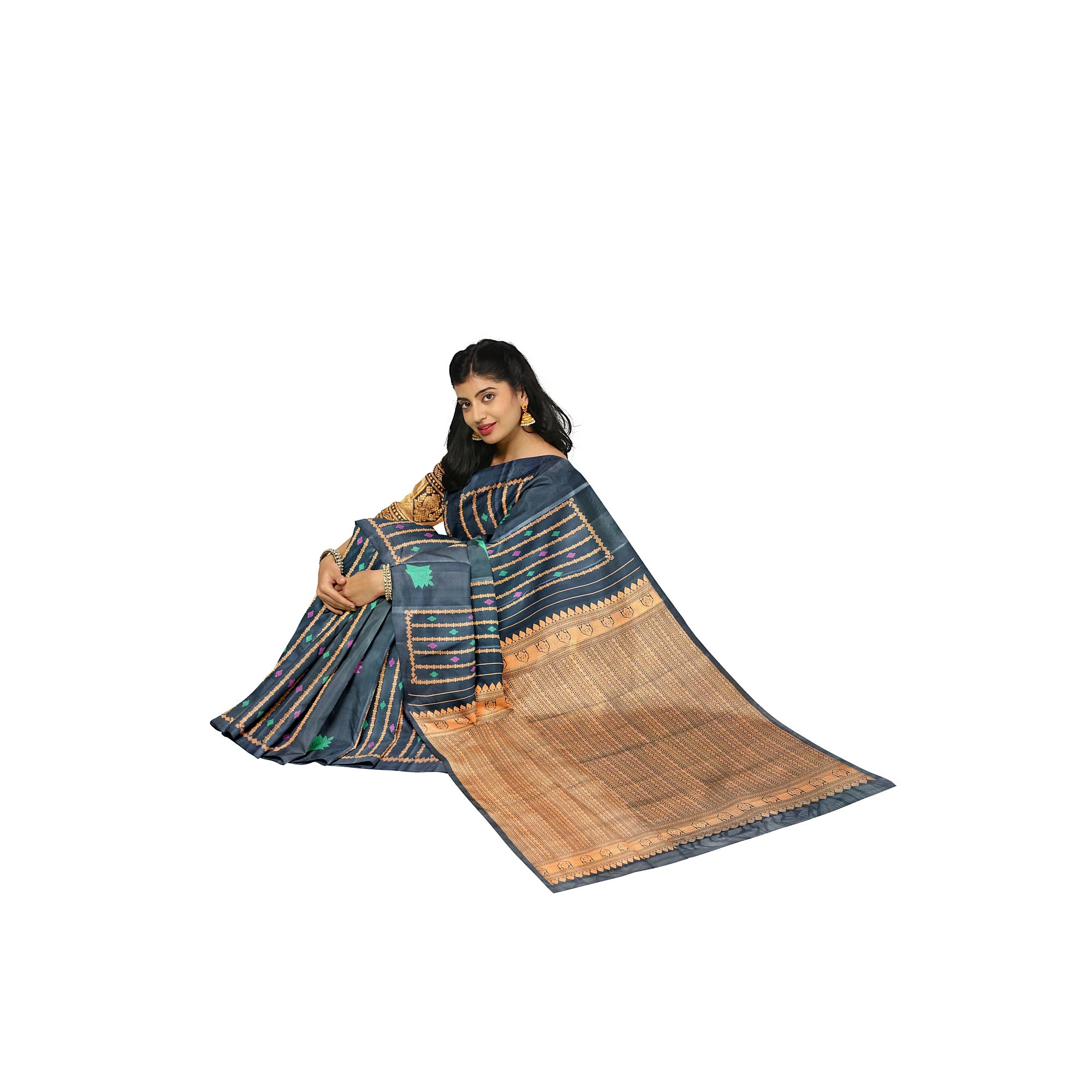Black Kanjivaram Saree – Copper Zari with Pink & Green Butta – Shop Online