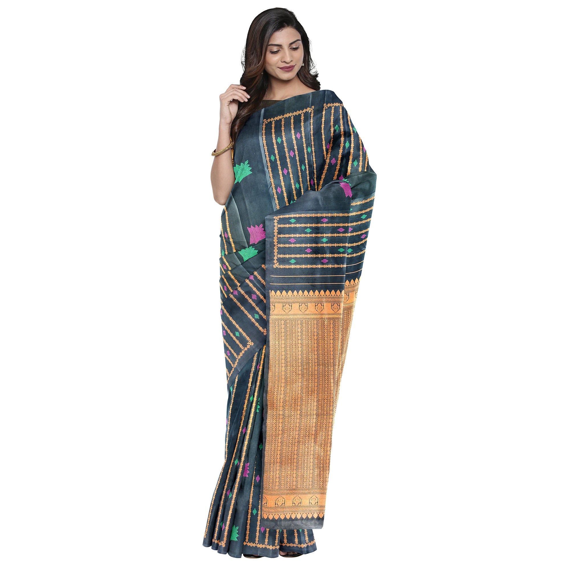 Black Kanjivaram Saree – Copper Zari with Pink & Green Butta – Shop Online
