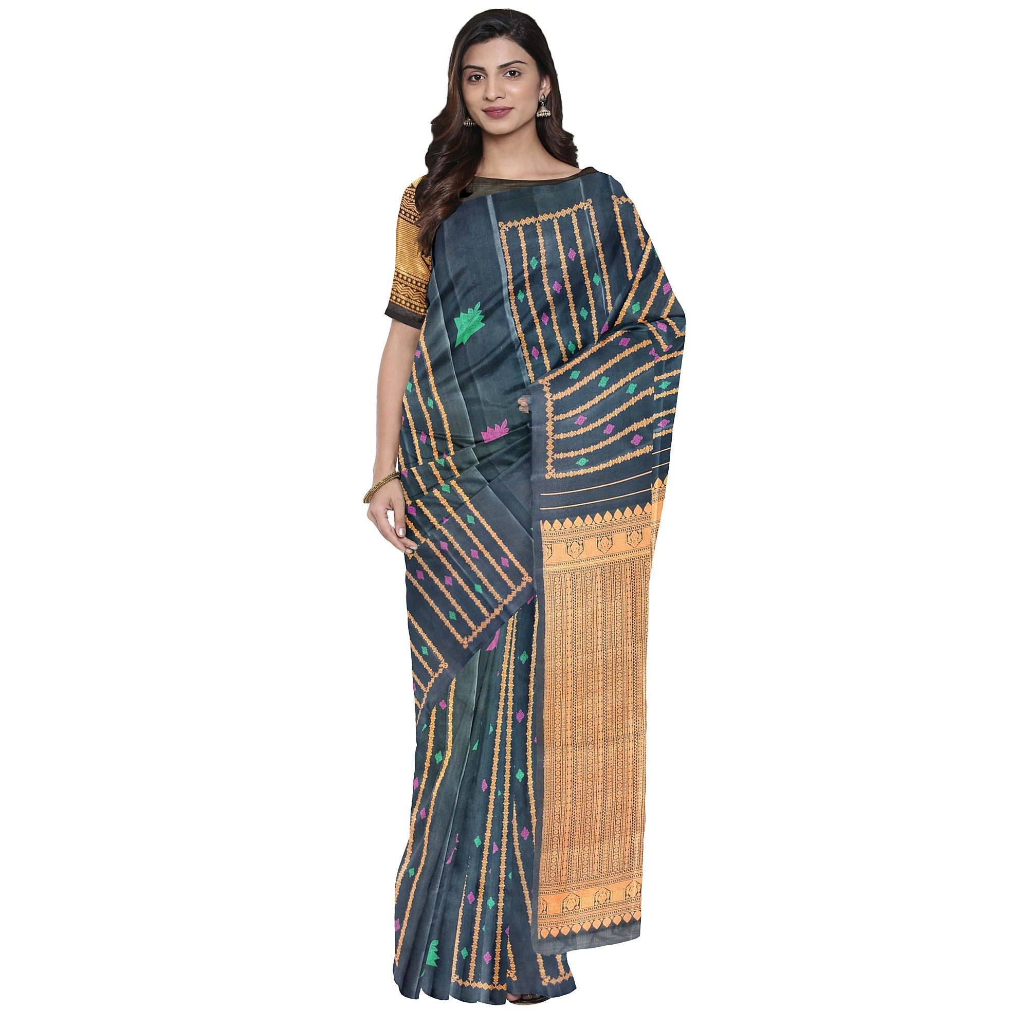 Black Kanjivaram Saree – Copper Zari with Pink & Green Butta – Shop Online