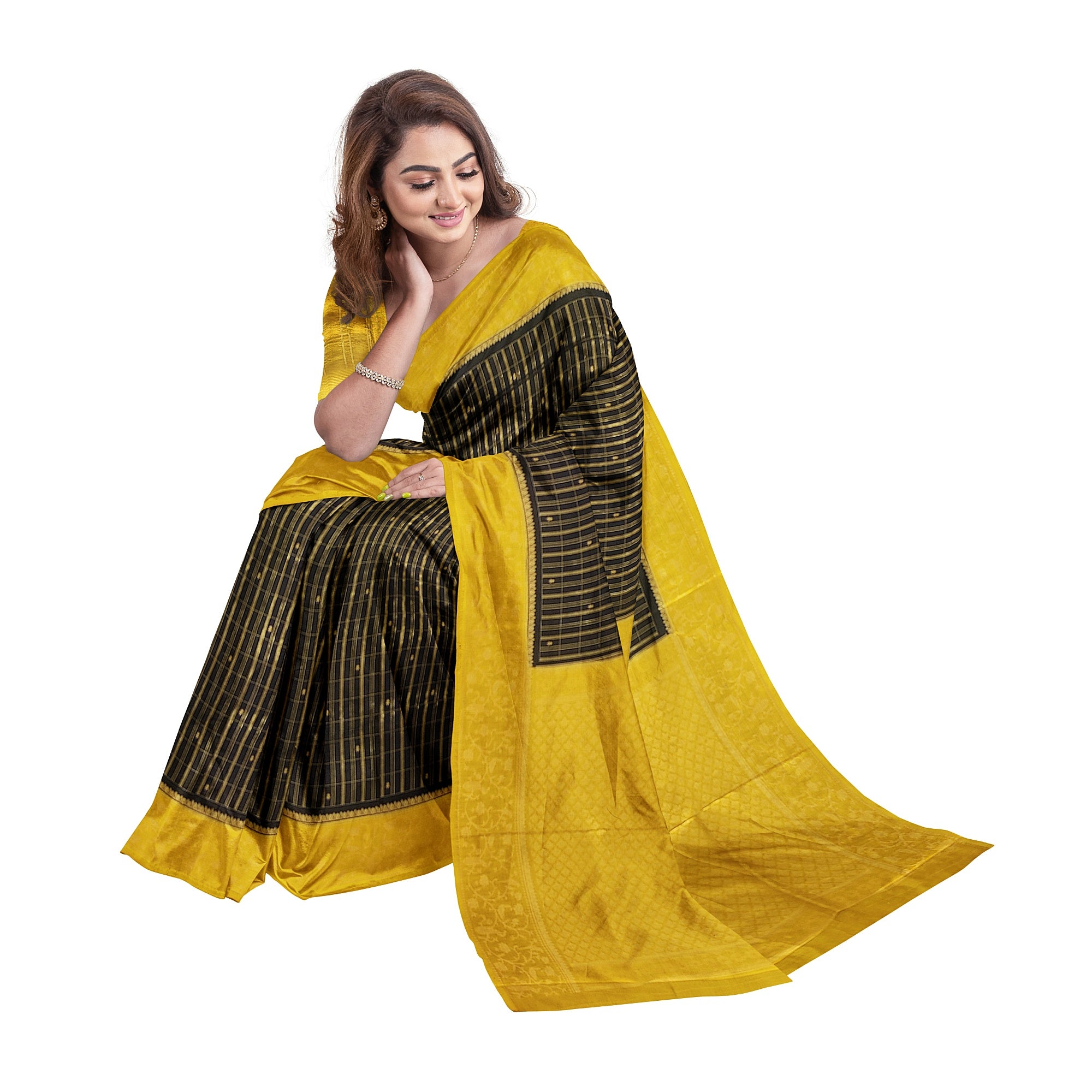Black Georgette Saree – Yellow Border – Shop Online